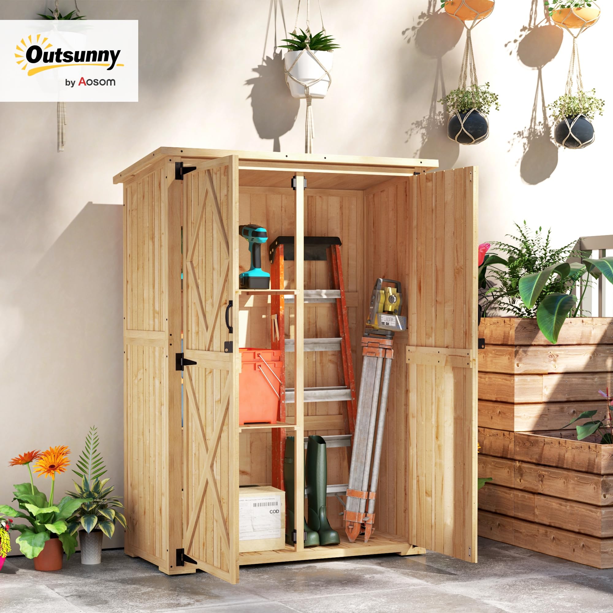 Outsunny Gartenschrank Holz Abschließbar 116,5x57x167cm Naturholz | Geräteschuppen mit Ablage, Doppeltür, Asphalt-Dach, Wetterfest, Geräteschrank, Gerätehaus Gartenschuppen, Für Garten Terrasse