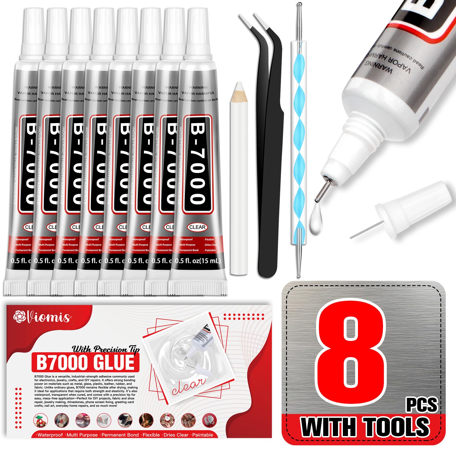 Viomis B7000 Glue Clear 15ml 8 Pack with Rhinestone Tools for Crafts