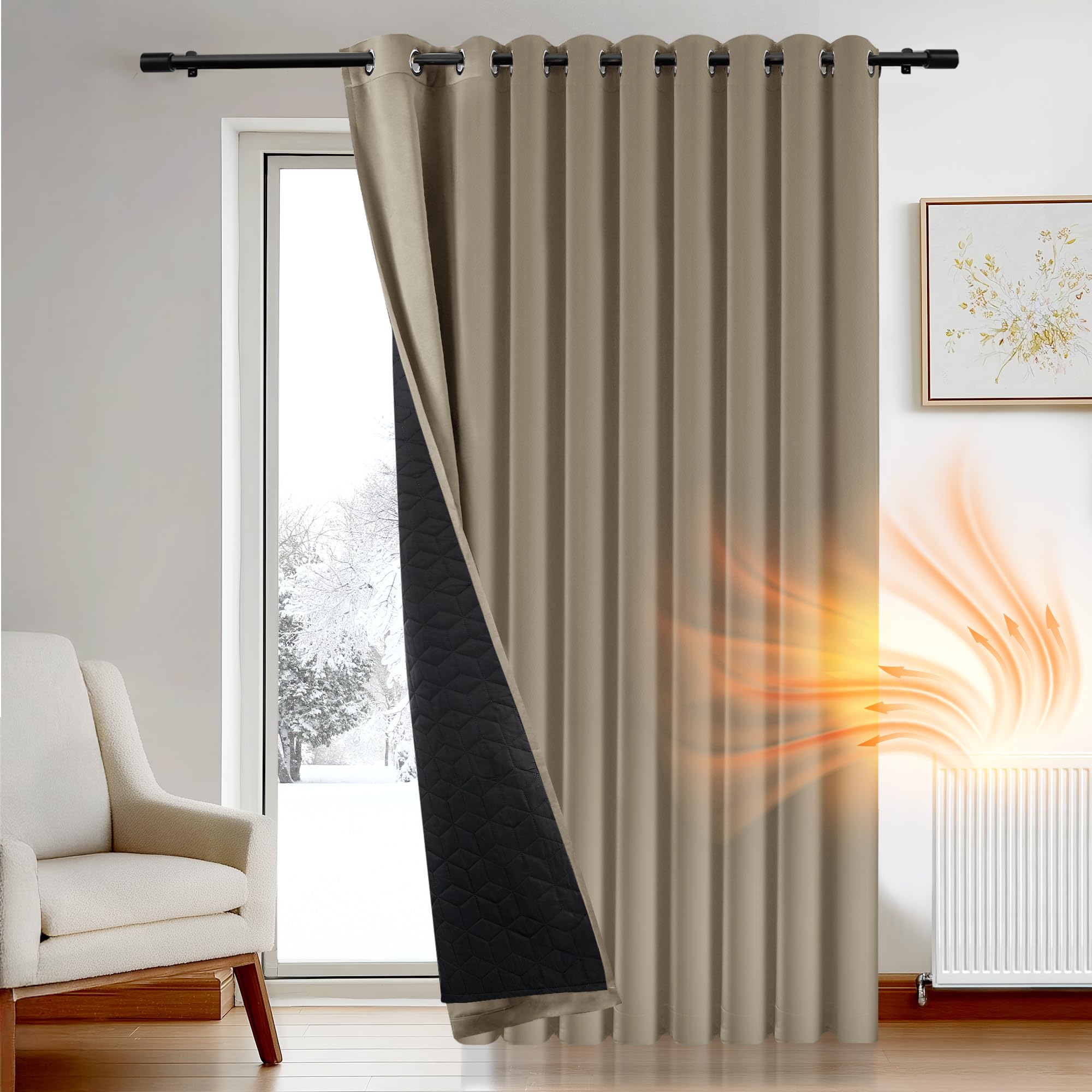 Deconovo Eyelet Curtain for Door, Windproof Blackout Curtain with Thick Microfiber Quilted Lining, 2 Layers Noise Reducing Curtain for Bedroom, 118 x 96 Inch,Taupe — image 1