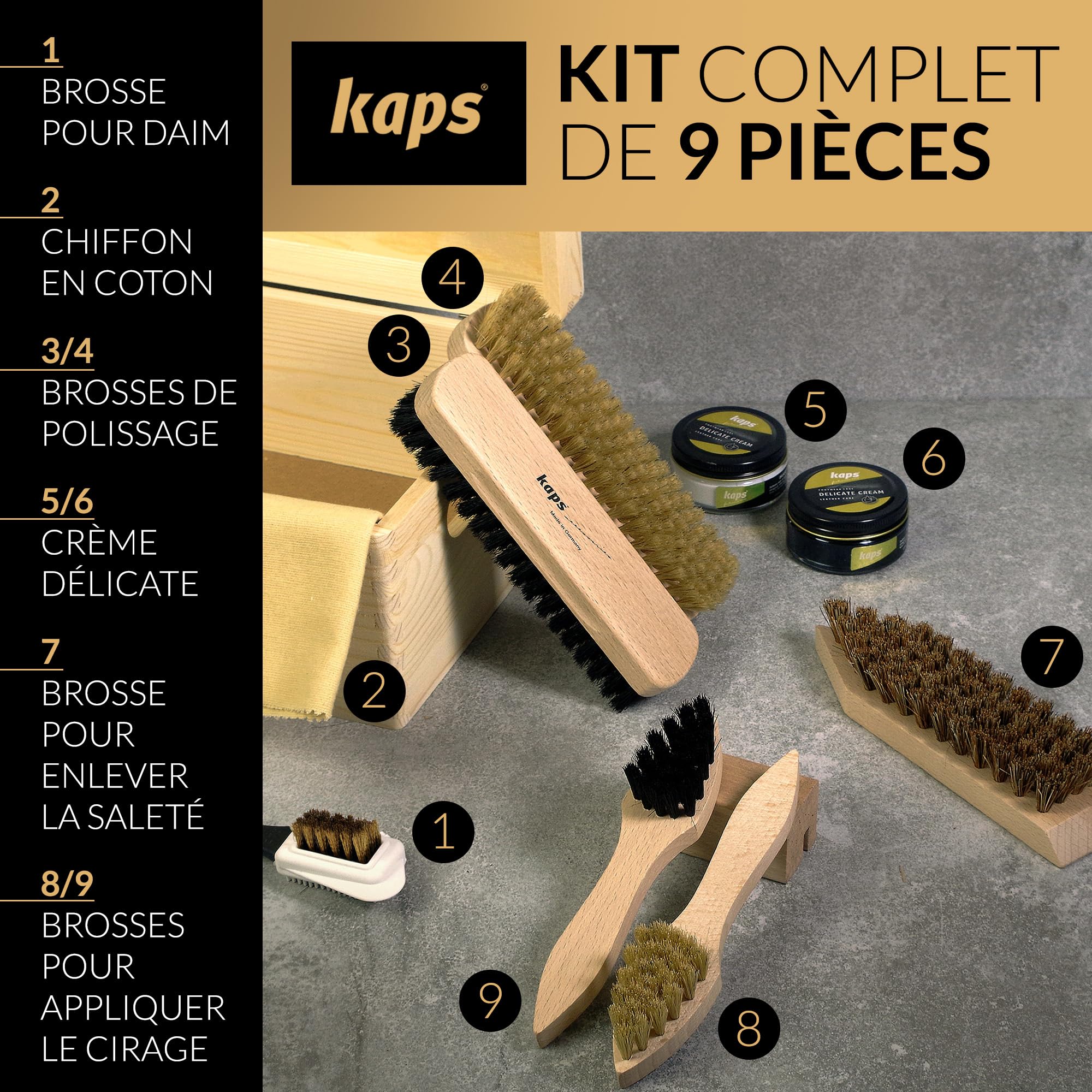 Kaps Kit Nettoyage et Entretien des Chaussures - 9 Pièces pour Bottes et Chaussures en Cuir, Boîte Cadeau en Bois