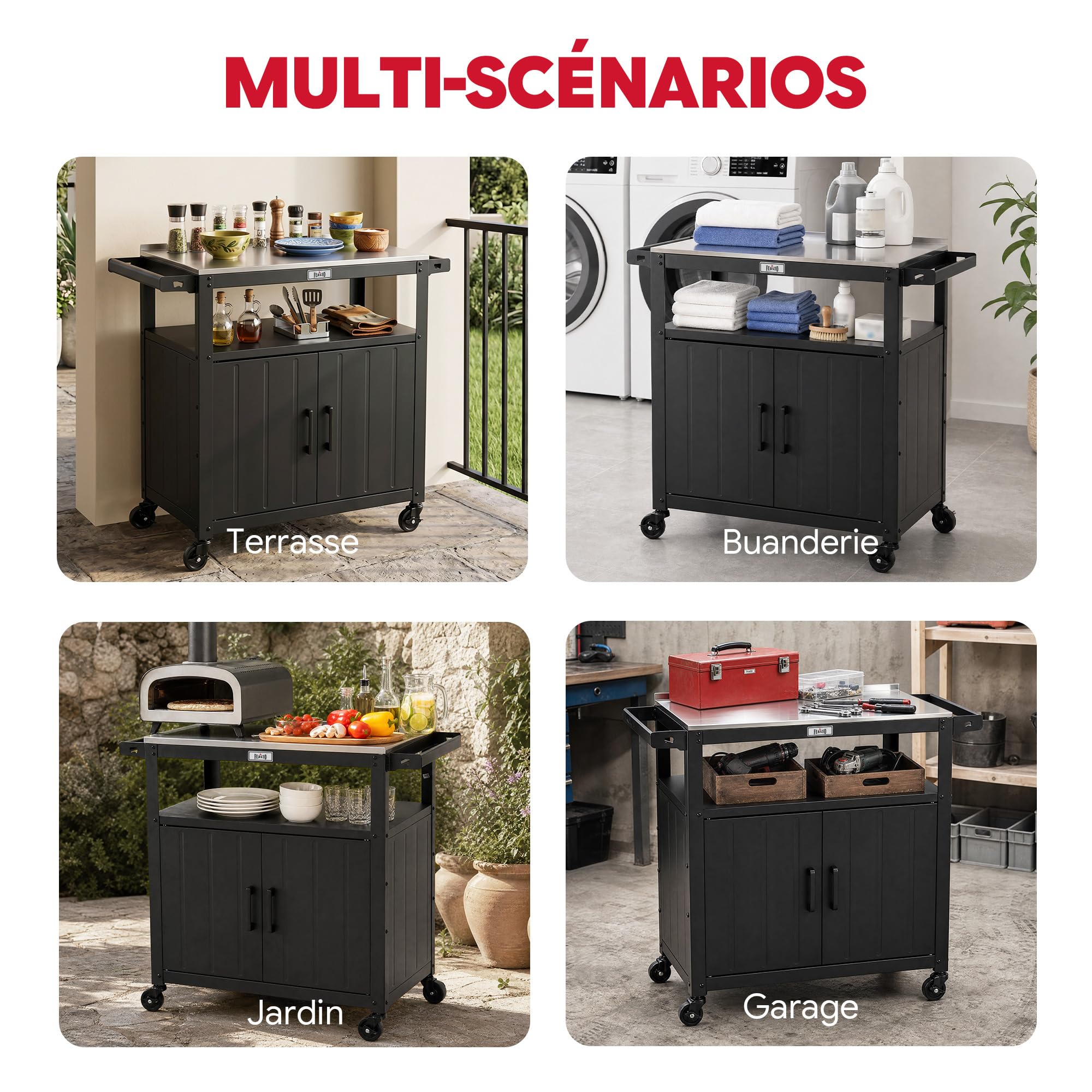 Feasto Chariot pour Barbecue avec Armoire de Rangement, 100x45x88 cm | Desserte Plancha avec Plateau en Acier Inox et 4 Roues, Idéal pour Jardin , Terrasse ou Cuisine Exterieure