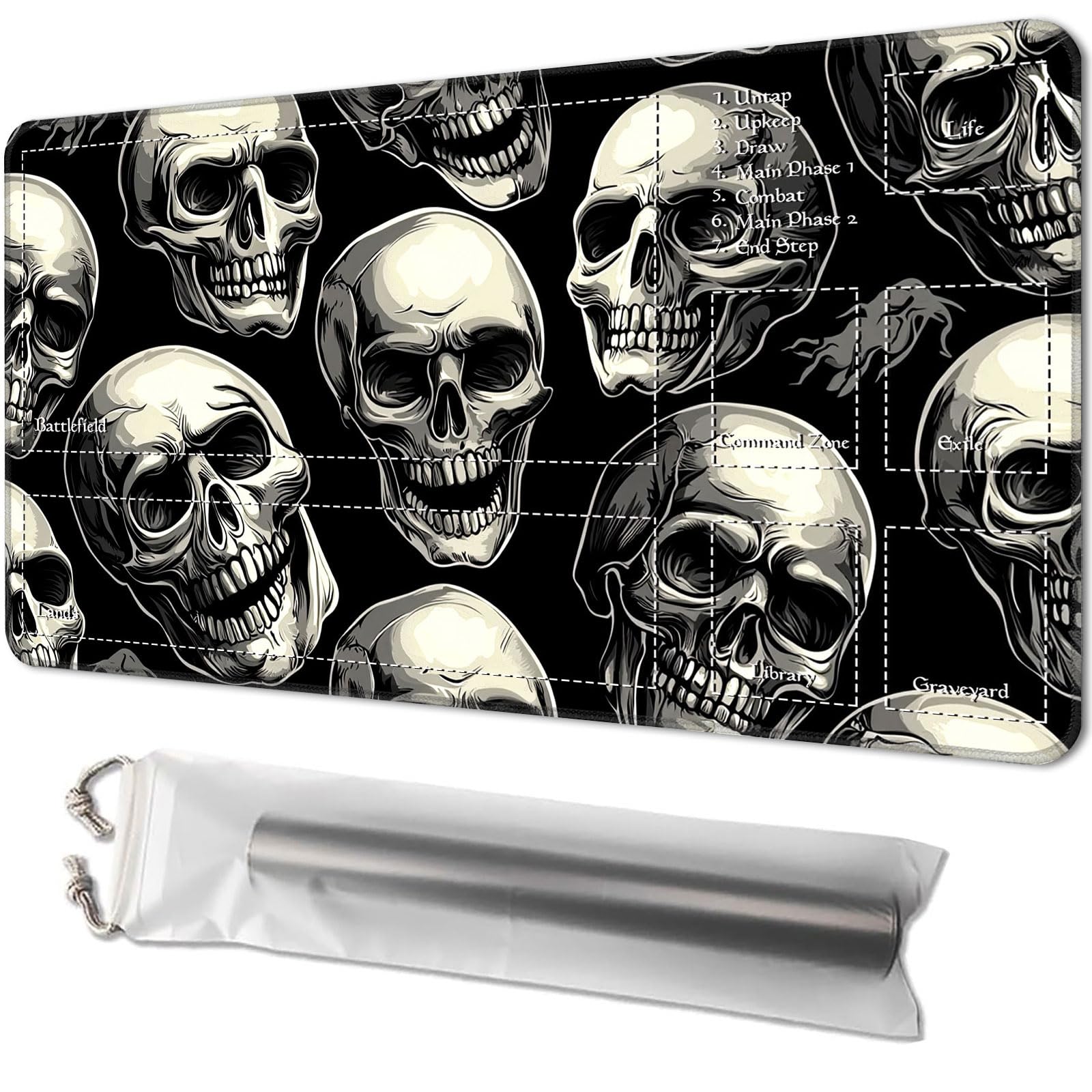 Playmat for MTG, Game Mat 24 x 14 inches, with Free Storage Bags, TCG and Board Game Mat for Cards, Ideal for Card Game Enthusiasts, Pattern of Skulls