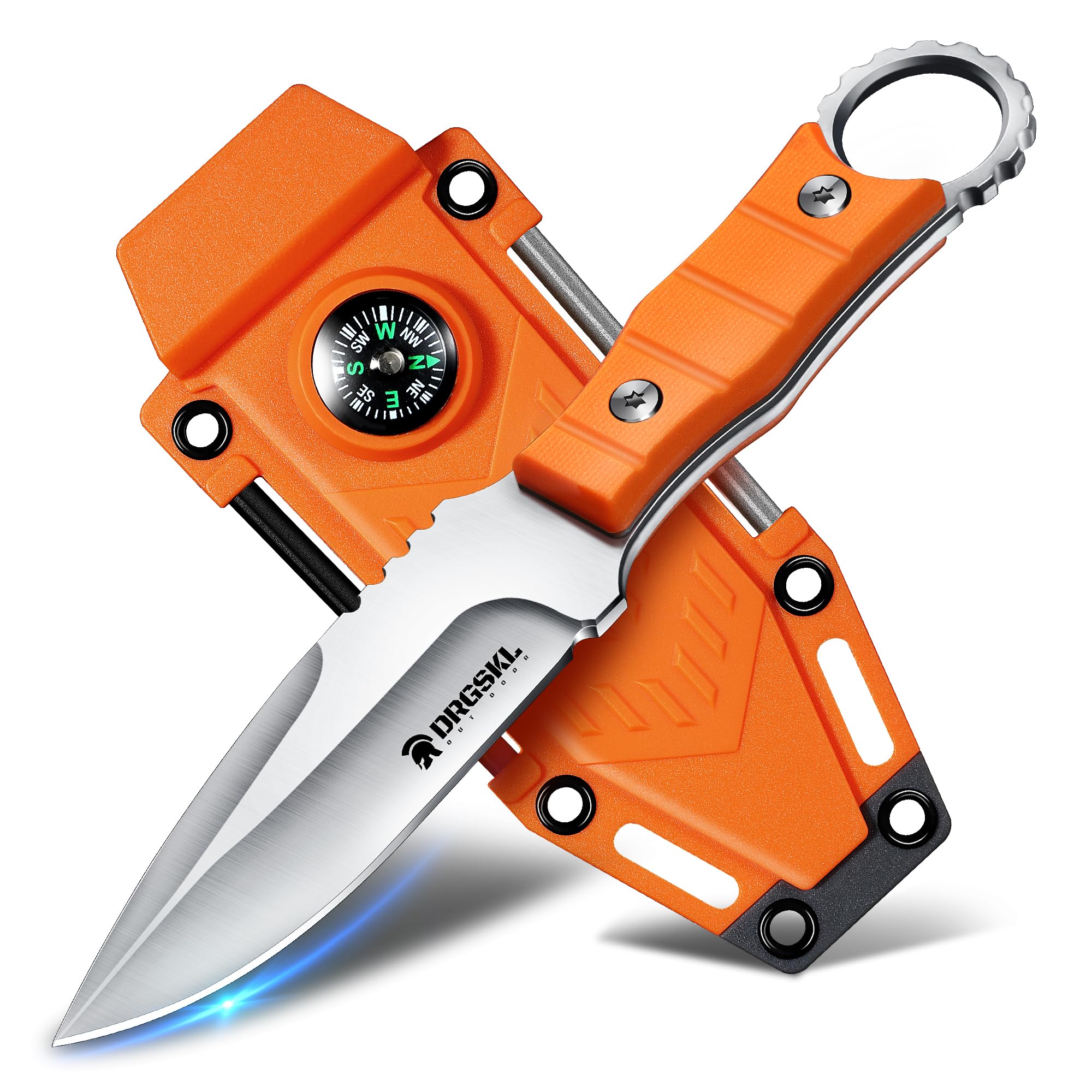 DRGSKL-Outdoor Messer Survival,aus D2 Stahl 3-in-1 mit Kompass Kydexscheide und Feuerstahl, EDC 9.3cm Klinge, Jagdmesser Mit Feststehende Klinge,Für Männer Camping Jagen Wandern Orange
