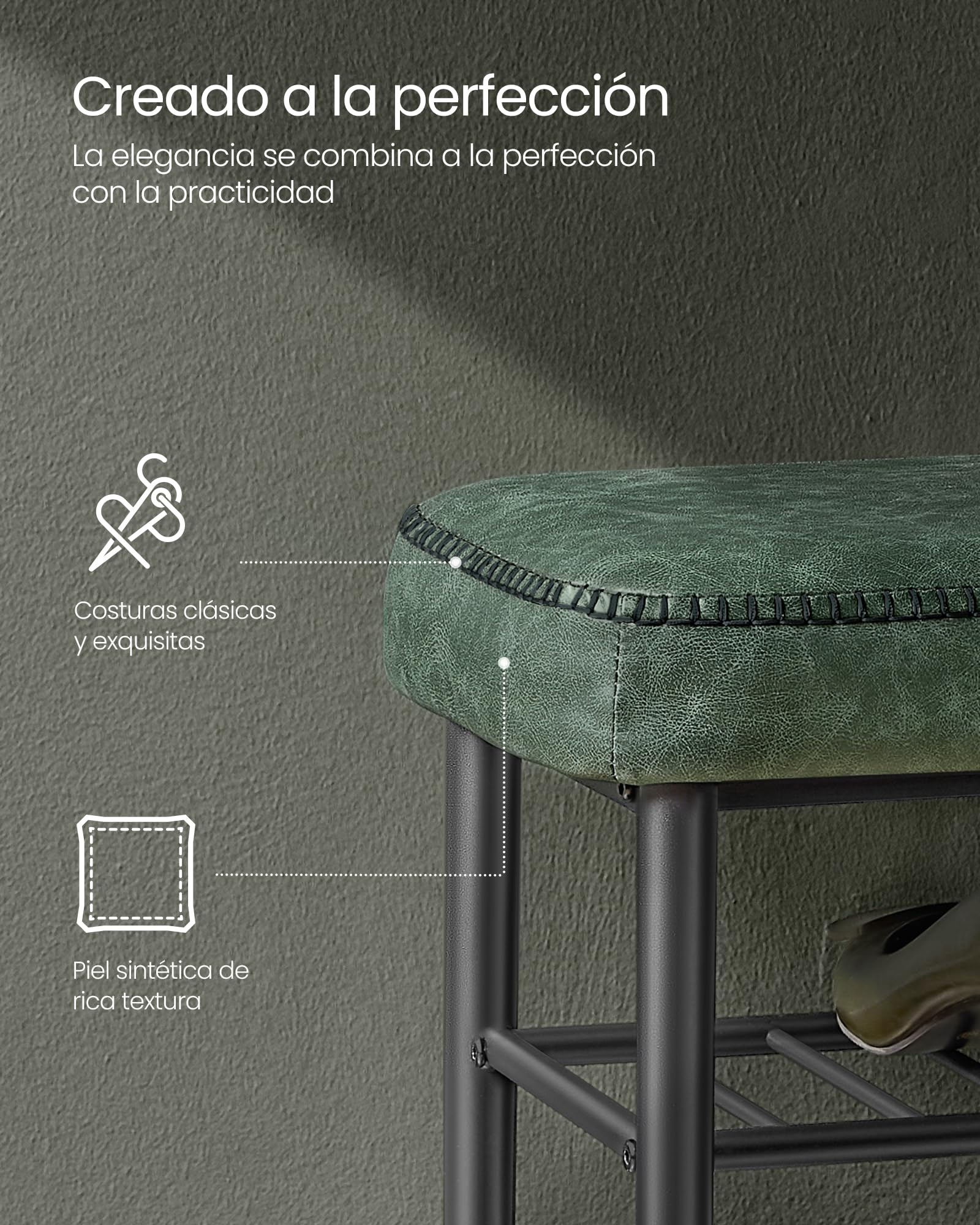 VASAGLE Banco Zapatero, Piel Sintética, Carga 135 kg, 30 x 80 x 50 cm | Banco de Almacenaje, Zapatero de Entrada, Con Costuras, Moderno de Siglo Mediados, Verde Bosque, EKHO Colección LSB054C01