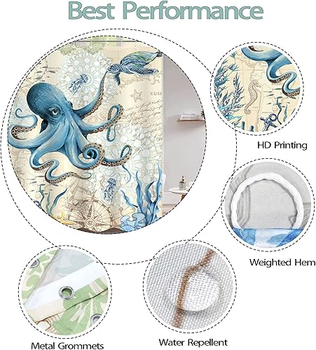 Miniatura 7 de Aipon Cortina de ducha náutica de pulpo, océano, tortugas marinas, playa, peces azules costeros, concha, medusas, cortinas de ducha extralargas de