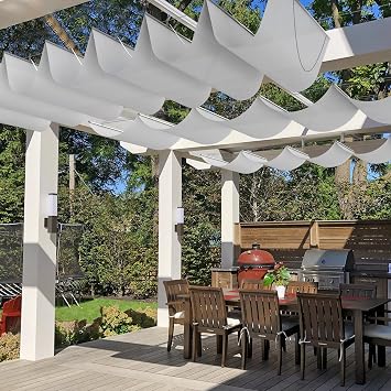 Windscreen4less 7 x 10 Waterproof Retractable Sun Shade Canopy Cover Sliding Wave Shade Sail for Pergola Patio Deck Yard Gazebo Outdoor Light Gray