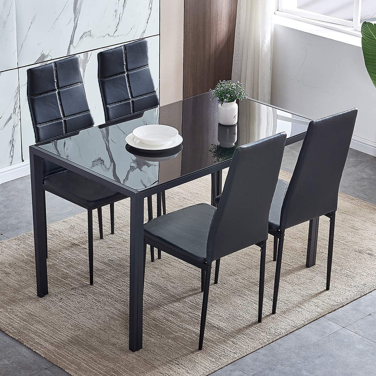 Buy 5 Pieces Dining Room Set for Living Room, 120cm Black Glass Dining