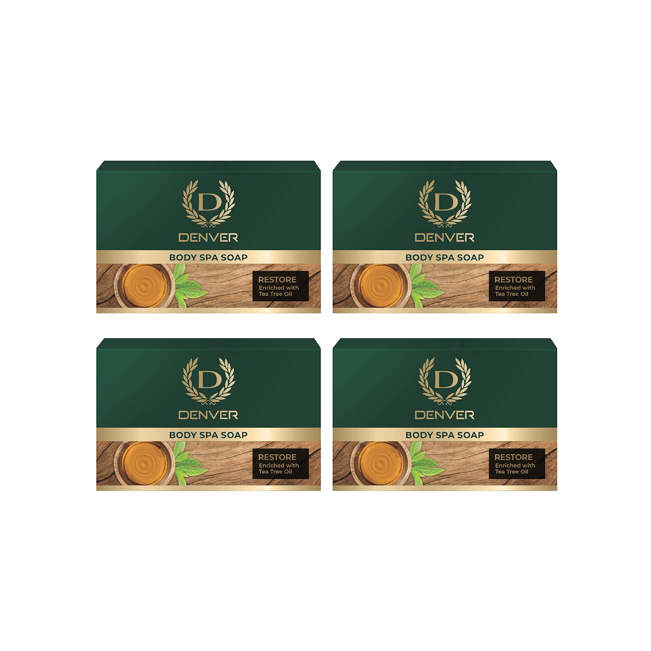 DENVER Restore Body Spa Soap - 125GM Each (Pack of 4) | Enriched With Tea Tree Oil | Scented Soap Bar for Men