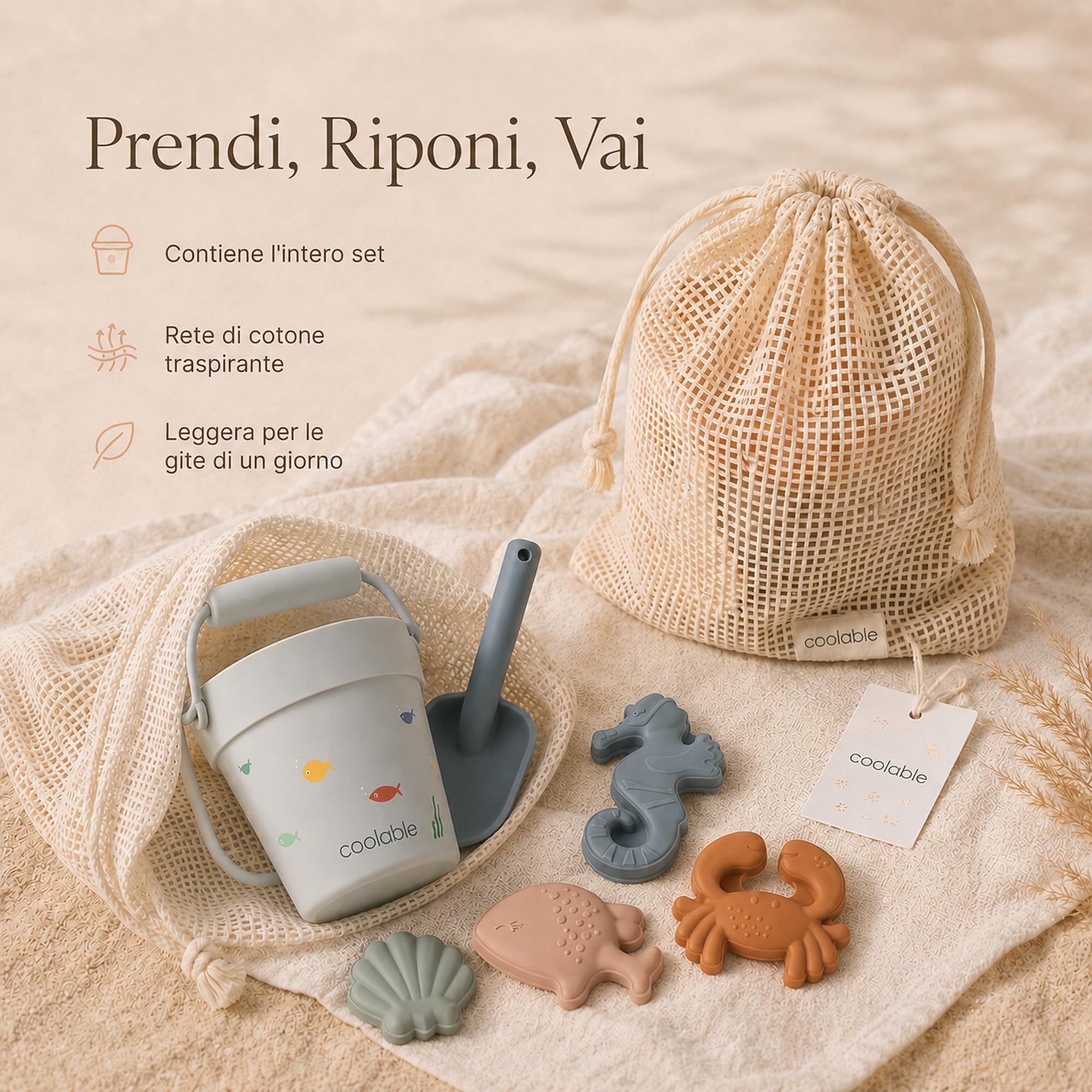 Set di 6 Giocattoli da Spiaggia in Silicone per Bambini - Secchiello Pieghevole, Paletta, 4 Formine e Borsa a Rete - Creature Marine