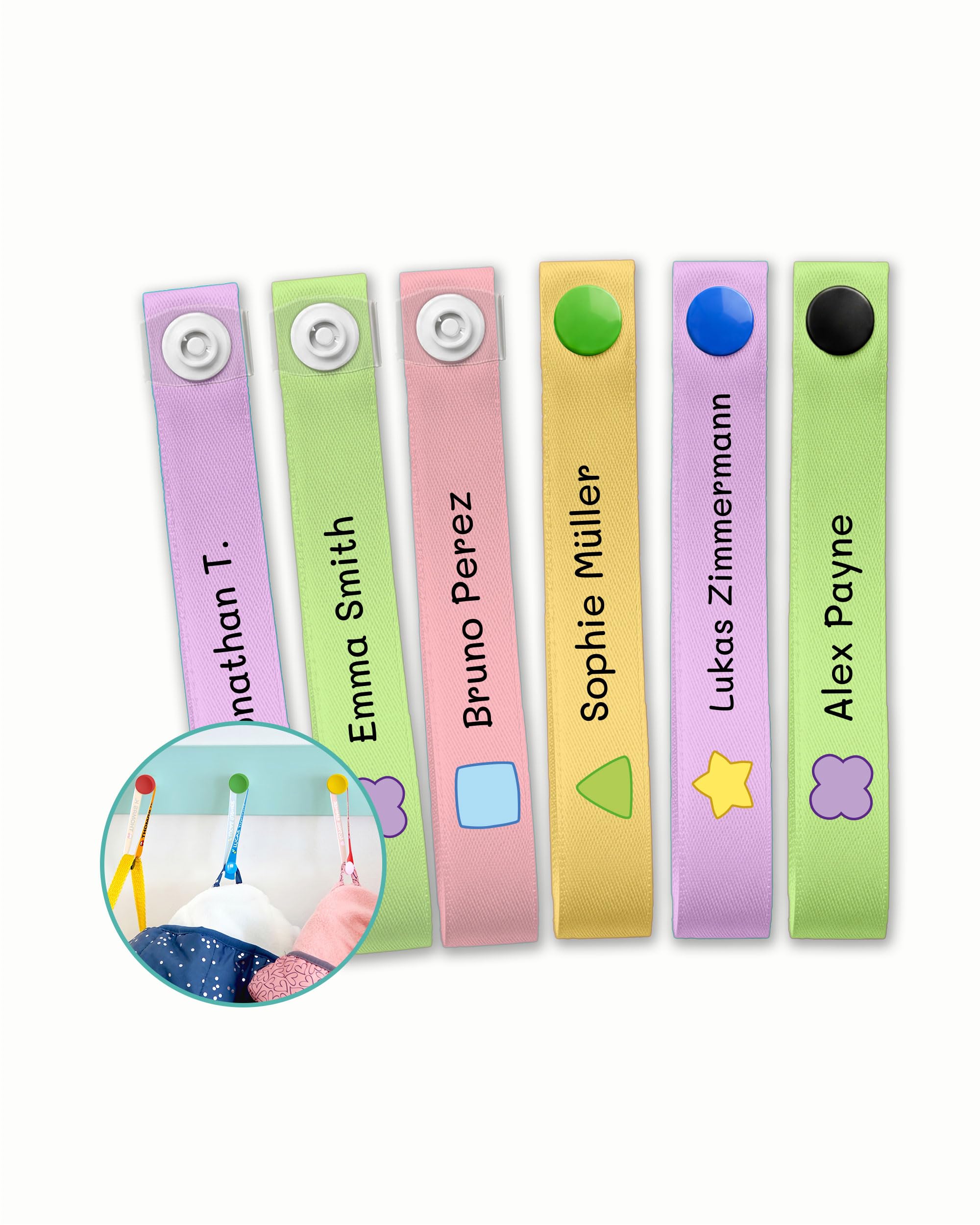 ETIKIDS 6 Cinghie per Appendere Vestiti Bambini Personalizzate con Nome, Etichette in Tessuto per Giacche, Grembiuli e Zaini, Senza Cucire, Lavabili
