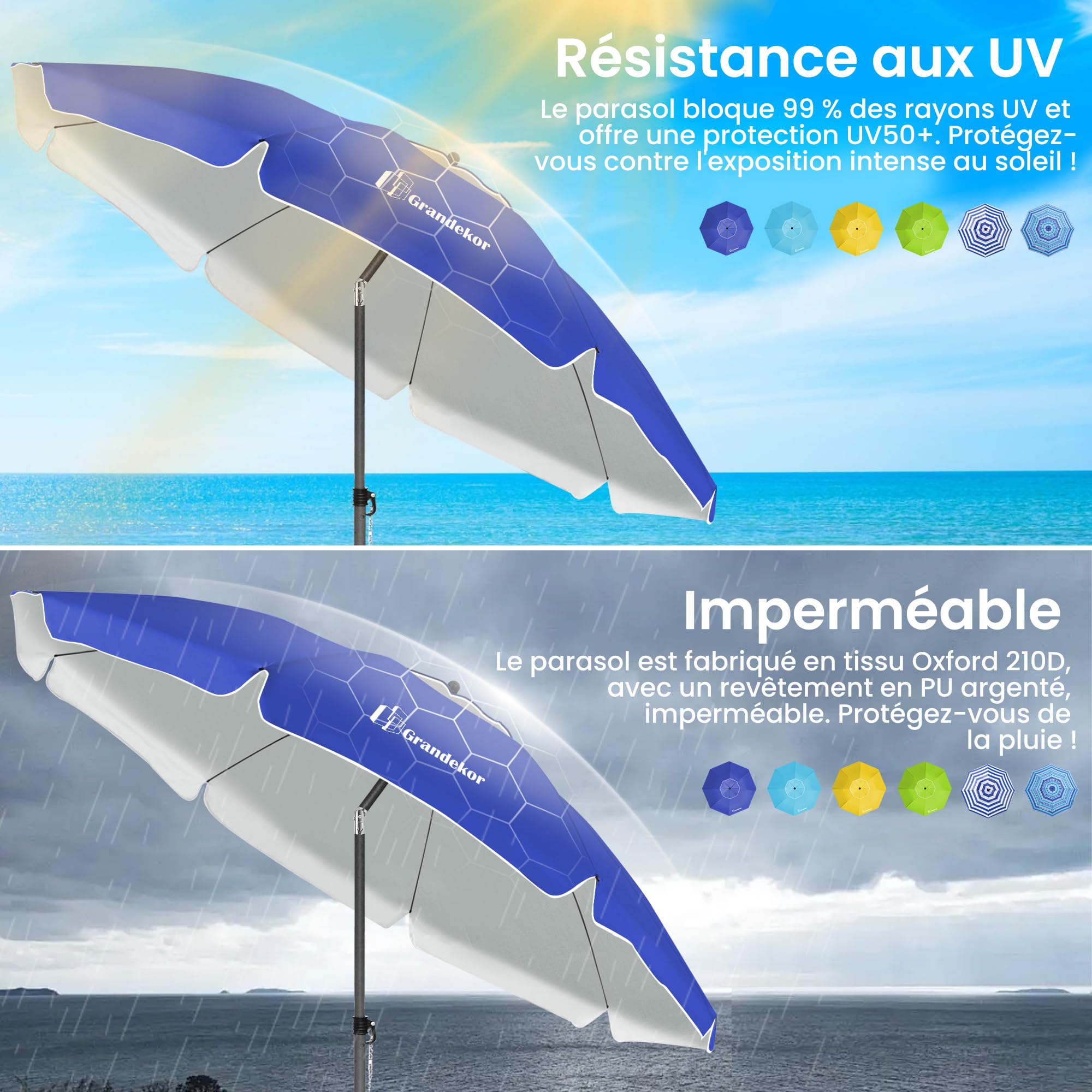 Grandekor Parasol de Plage, Parasol de Jardin Exterieur, UV50+, Ombrelle réglable en Hauteur et Inclinaison, avec Ancre de Plage de 12cm, pour Plage, Balcon & terrasse, 200cm, Bleu