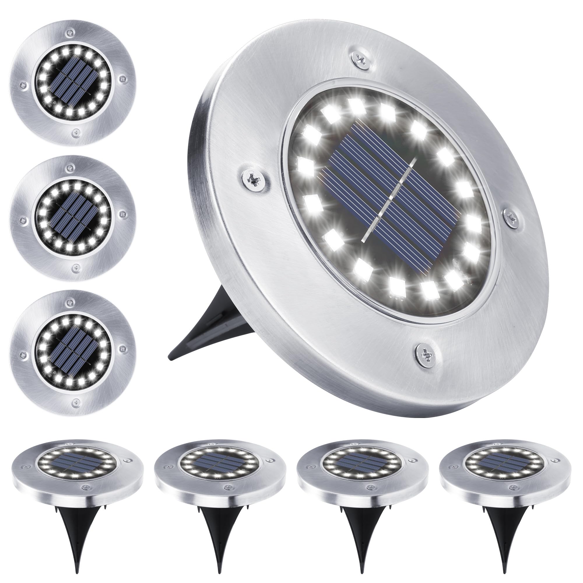 BrizLabs 8 Piezas Luz Solar Jardin, 16 LED Luces Solares Exterior Luces de Tierra Impermeable Luz de Suelo Exteriores Lamparas para Césped Terraza Calzada Camino Escalón Piscina Paisaje, Blanco Frío