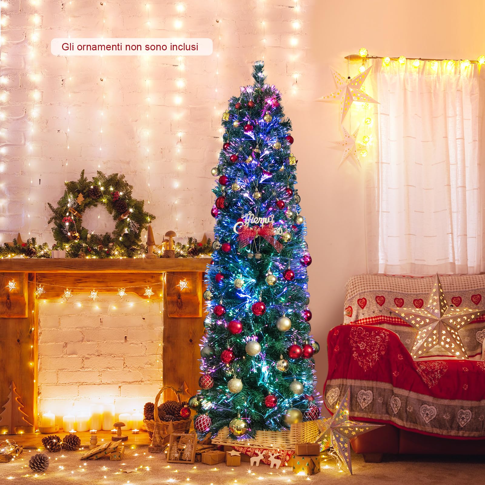 COSTWAY Albero di Natale Artificiale con Fibra Ottica 150/180 CM, Albero di Natale Slim Preluminato con 361/517 Rametti, Base in Metallo Pieghevole, Ideale per Casa, Ufficio e Feste (180 cm)