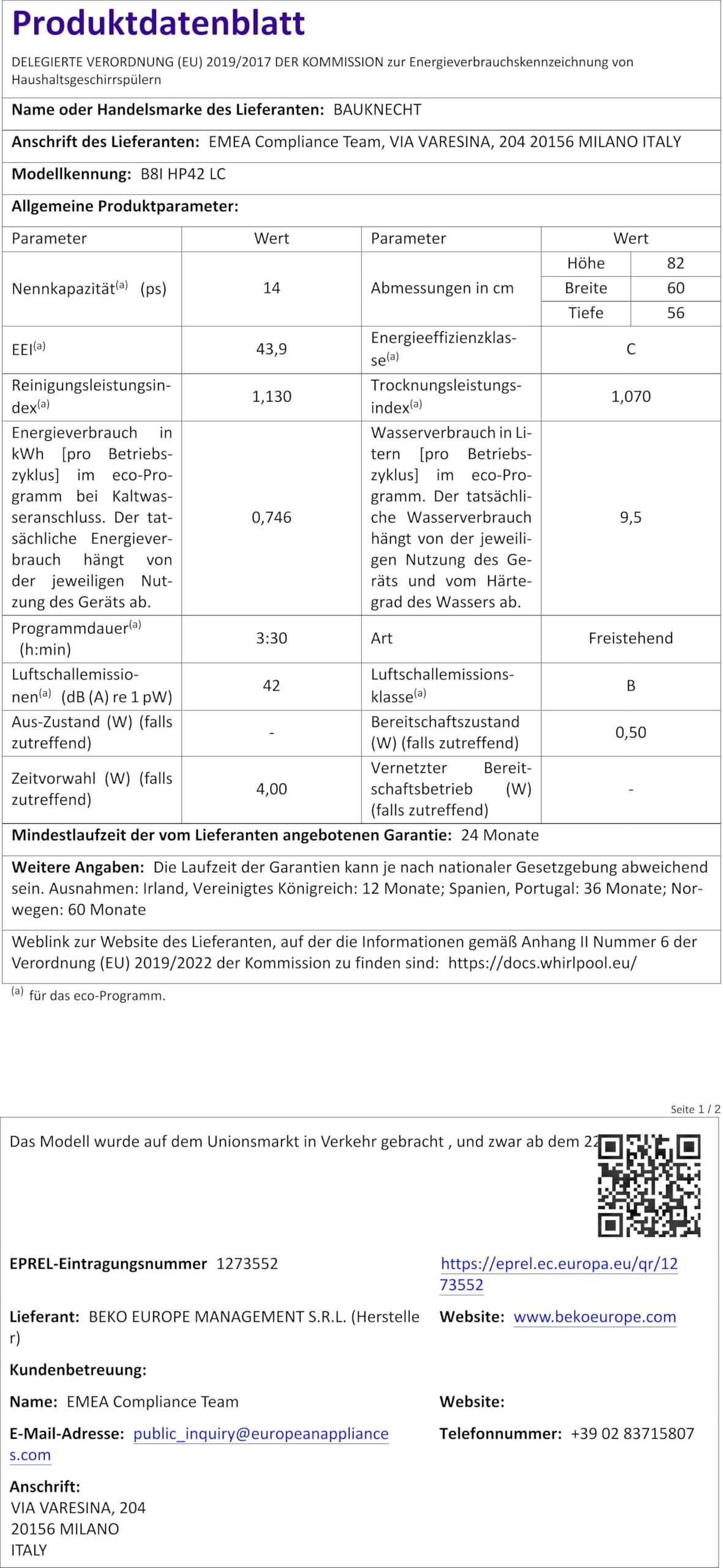 Bauknecht B8I HP42 LC vollintegrierter Einbau-Geschirrspüler 60 cm 14 Maßgedecke PowerClean Pro leise 42 dB Schwarz