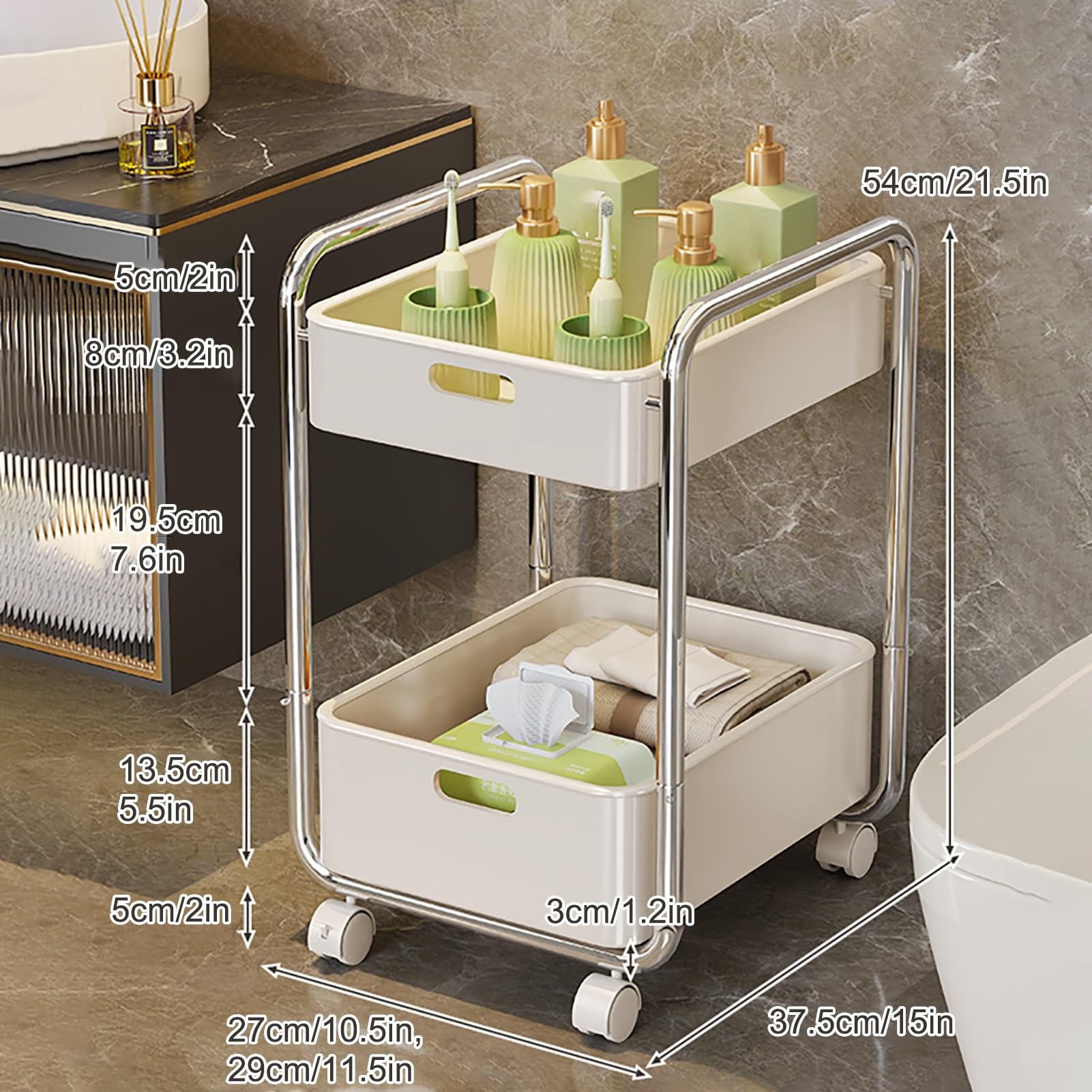 Aufbewahrungswagen mit 2 Ebenen, Badezimmer-Organizer, Roll-Utility, ausziehbarer Heim-Organizer, Organisation für Wohnzimmer, Badezimmer, Küche und schmale Orte.