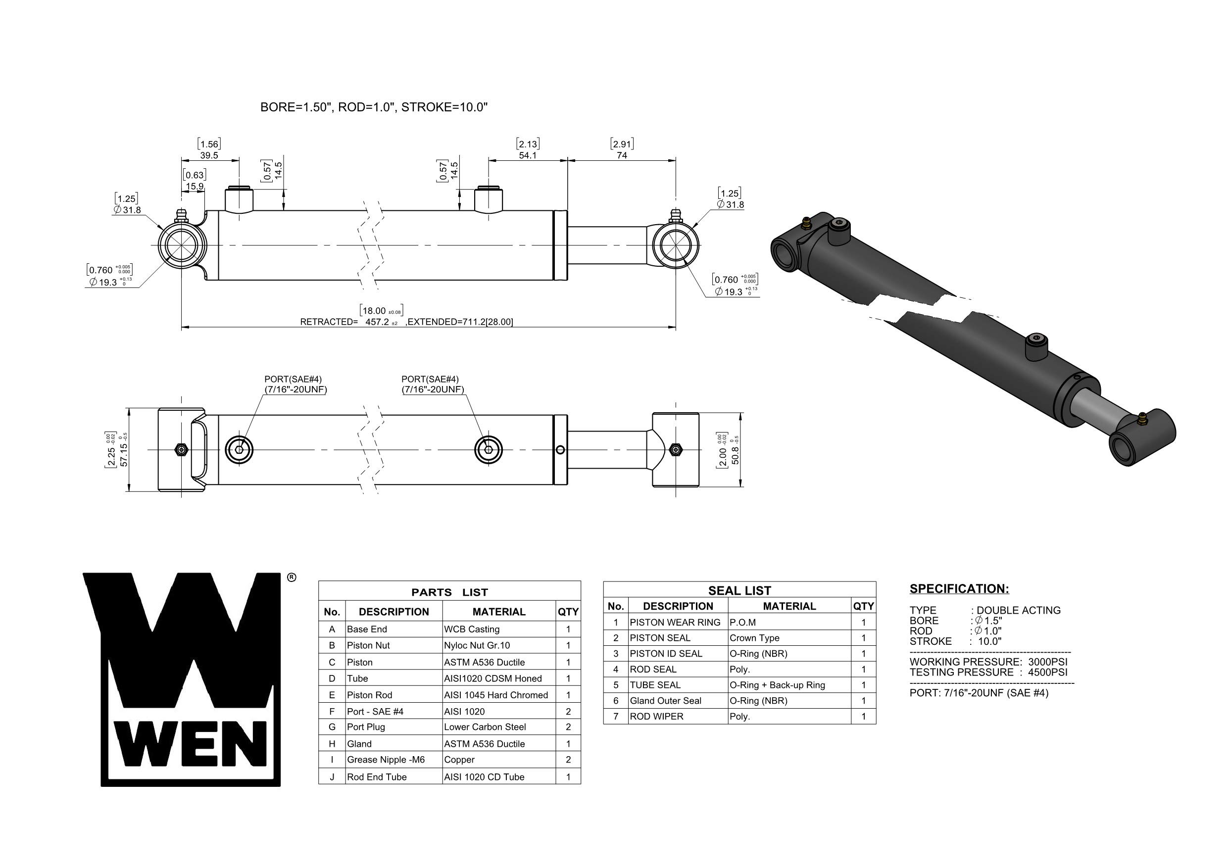 WEN WT1510 Cross Tube Hydraulic Cylinder with 1.5 Bore and 10-inch Stroke, Black