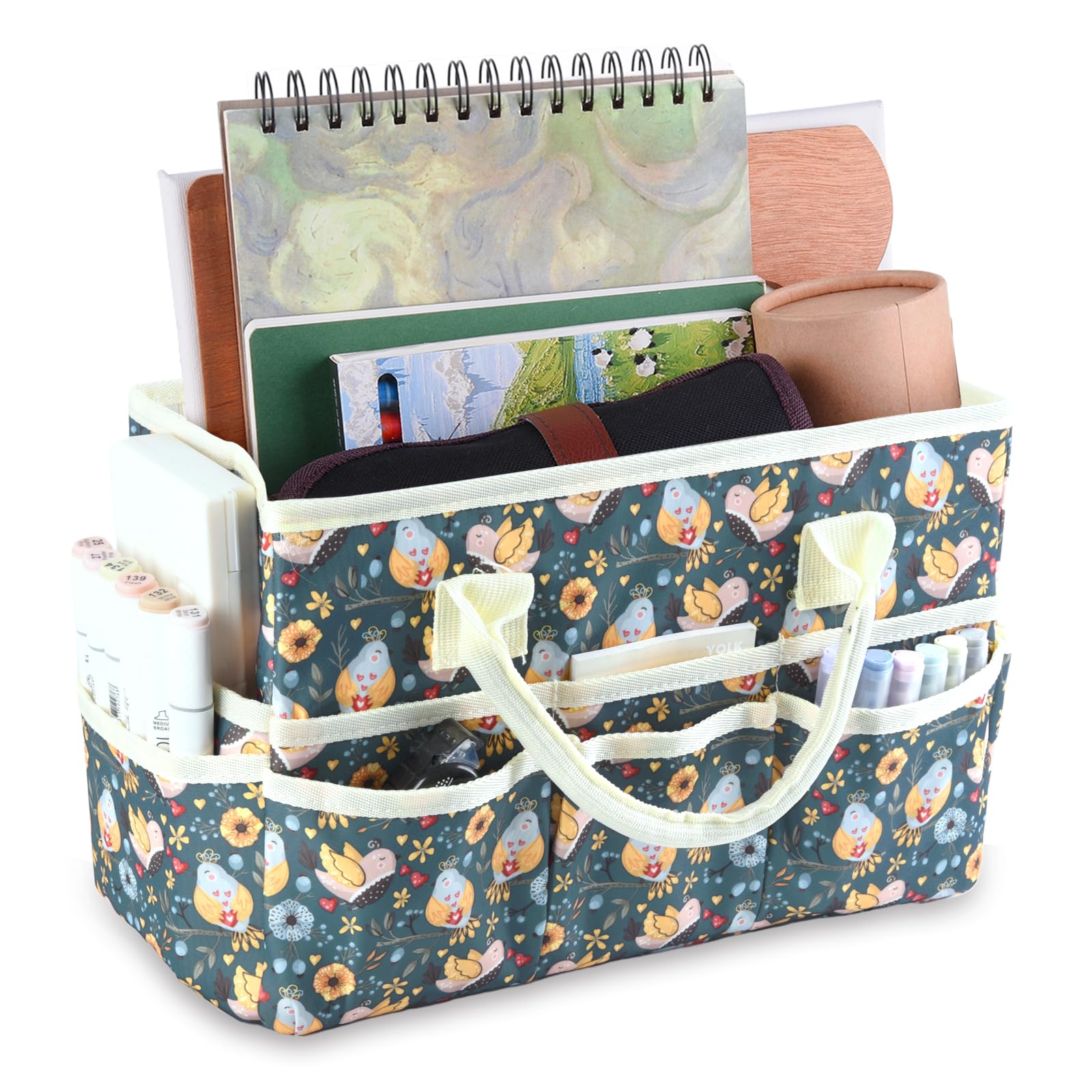qianshanCraft Organizer Tote Bag with Multiple Pockets, Large Art Storage Caddy with Handles for Art, Craft, Sewing, Make-up，Scrapbooking, Medical, and Office Supplies Storage.Dark Green Bird
