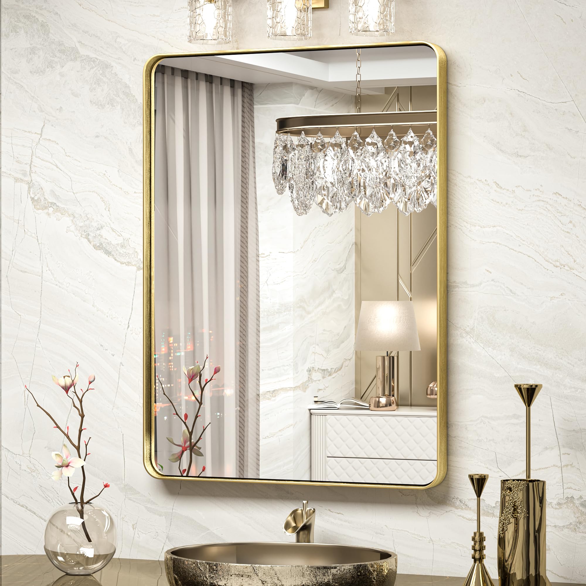 TokeShimi Bathroom Mirror for Wall 24 x 32 Inch Gold Brushed Brass Metal Rounded Corner Rectangle Mirror Wall Mirror in Metal Frame