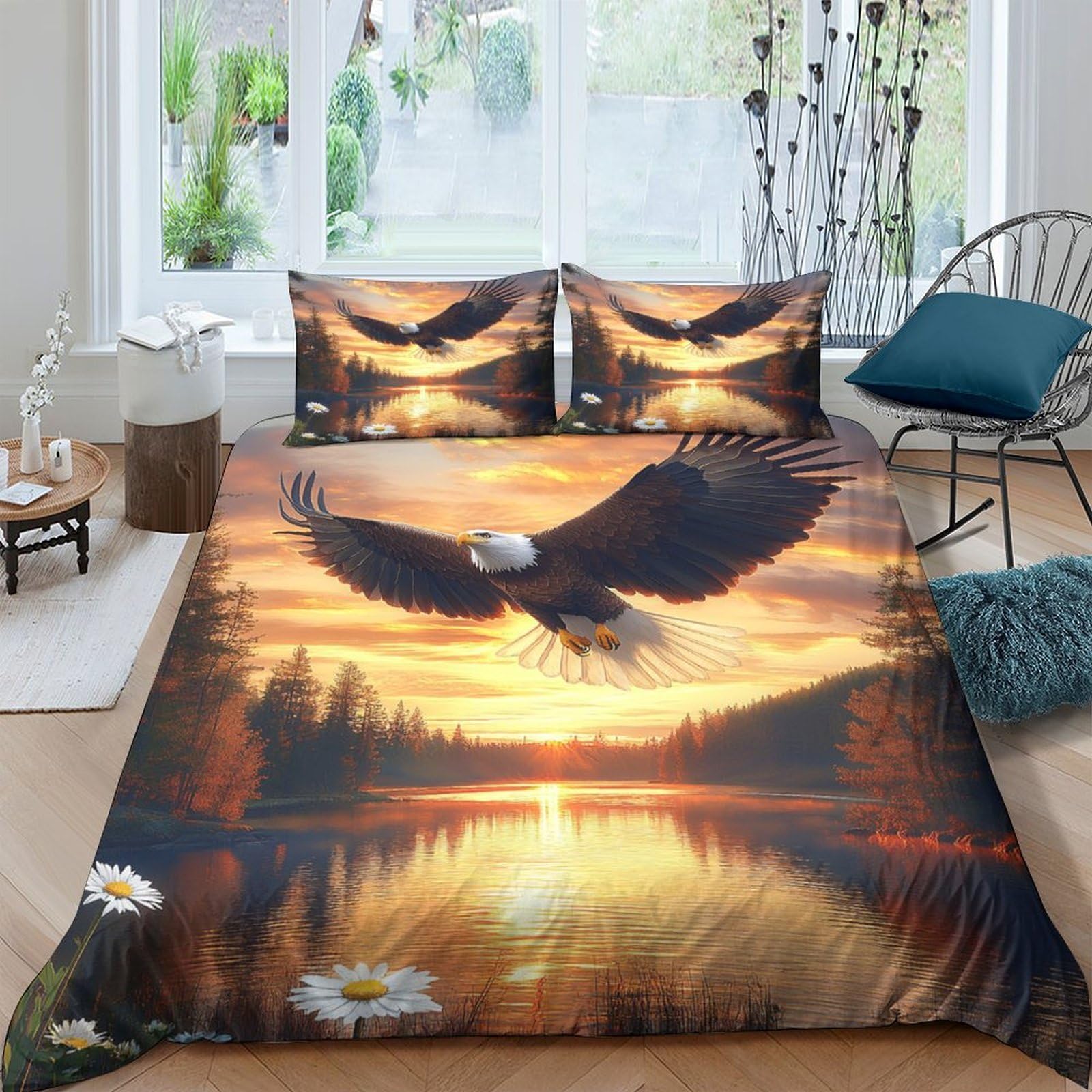 Ctjqhvkz Style-7 3D Printed Sunset Eagle Fitted Sheet Microfiber Soft Anti-Slip Forest Lake Mattress Cover Bedroom Dorm Decor Single（135X200cm）