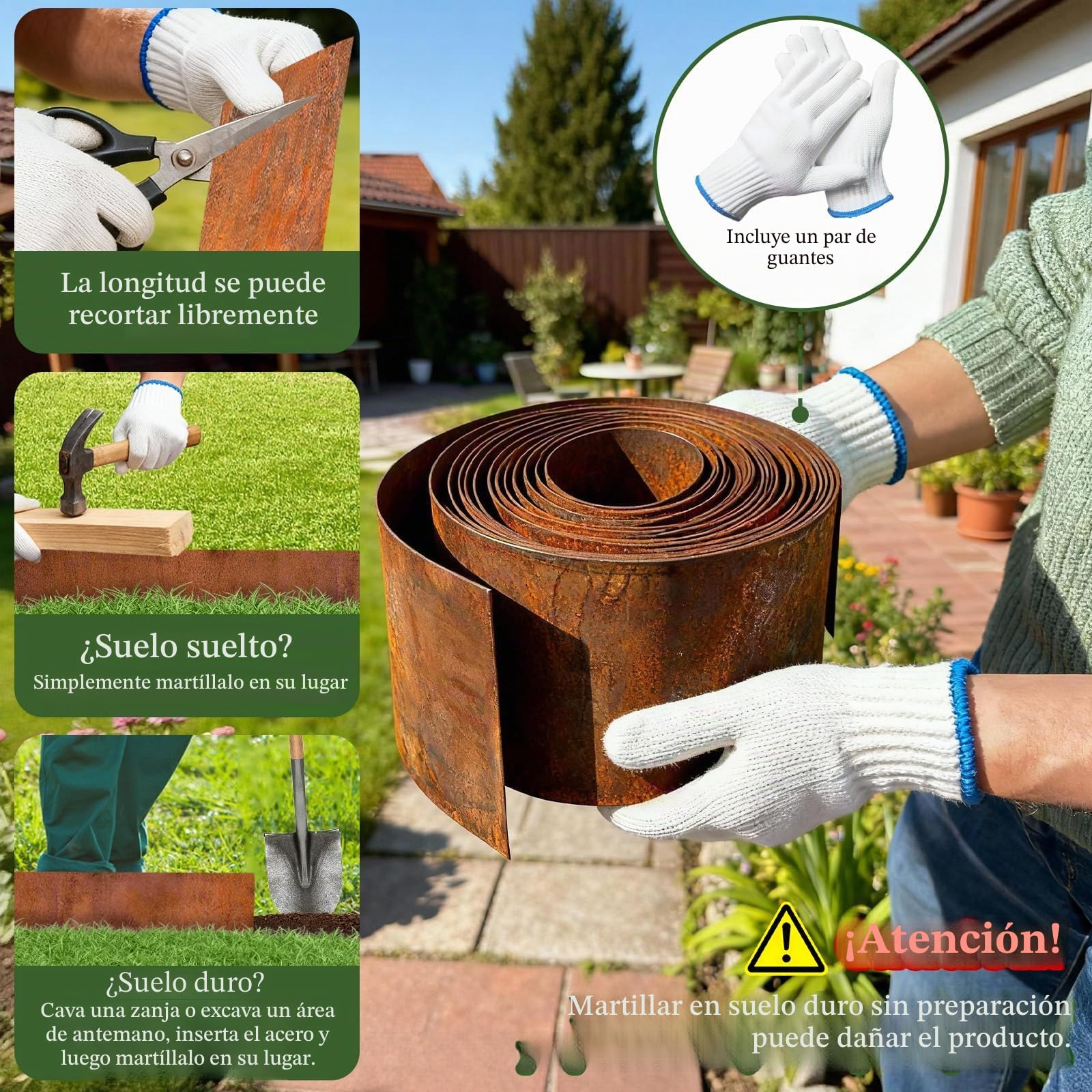Bordura Acero Corten 5 M - Bordura Jardin Exterior Metálica de 14 cm de Altura, Metal con Aspecto Oxidado, para Delimitar Parterres, Caminos, Árboles, Jardines, Incluye 1 par de Guantes