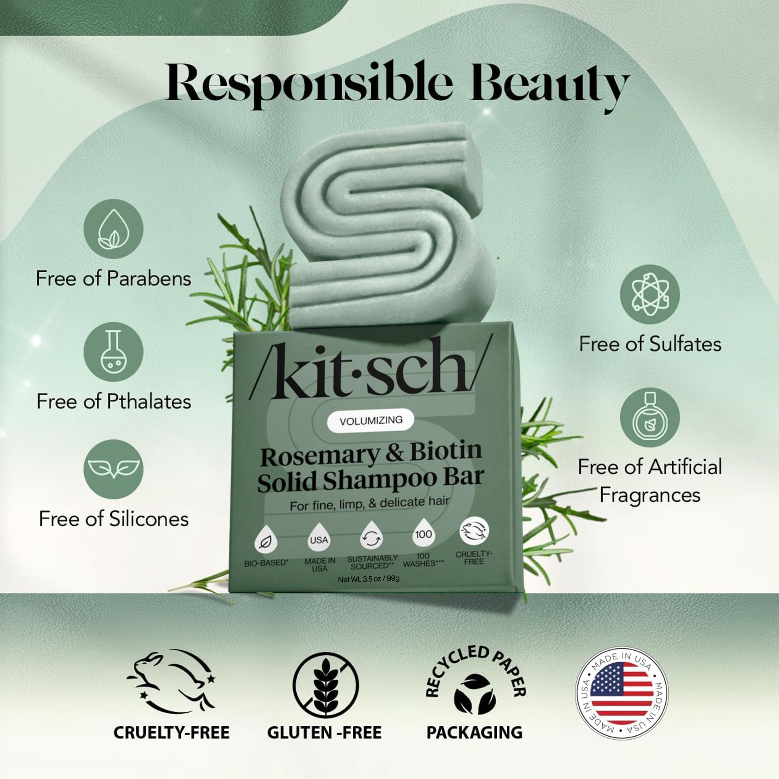Kitsch Rosemary & Biotin Shampoo Bar - For Hair Growth, Strengthening, Thickening & Volumizing Shampoo for Women and Men - Free of Parabens, Sulfates & Silicones - 3.5 oz - 5