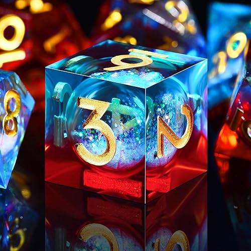 Miniatura 28 de AUSTOR Juego de dados DND de resina de núcleo líquido, de borde afilado, 7 troqueles, juego de dados DND de arena movediza hechos a mano