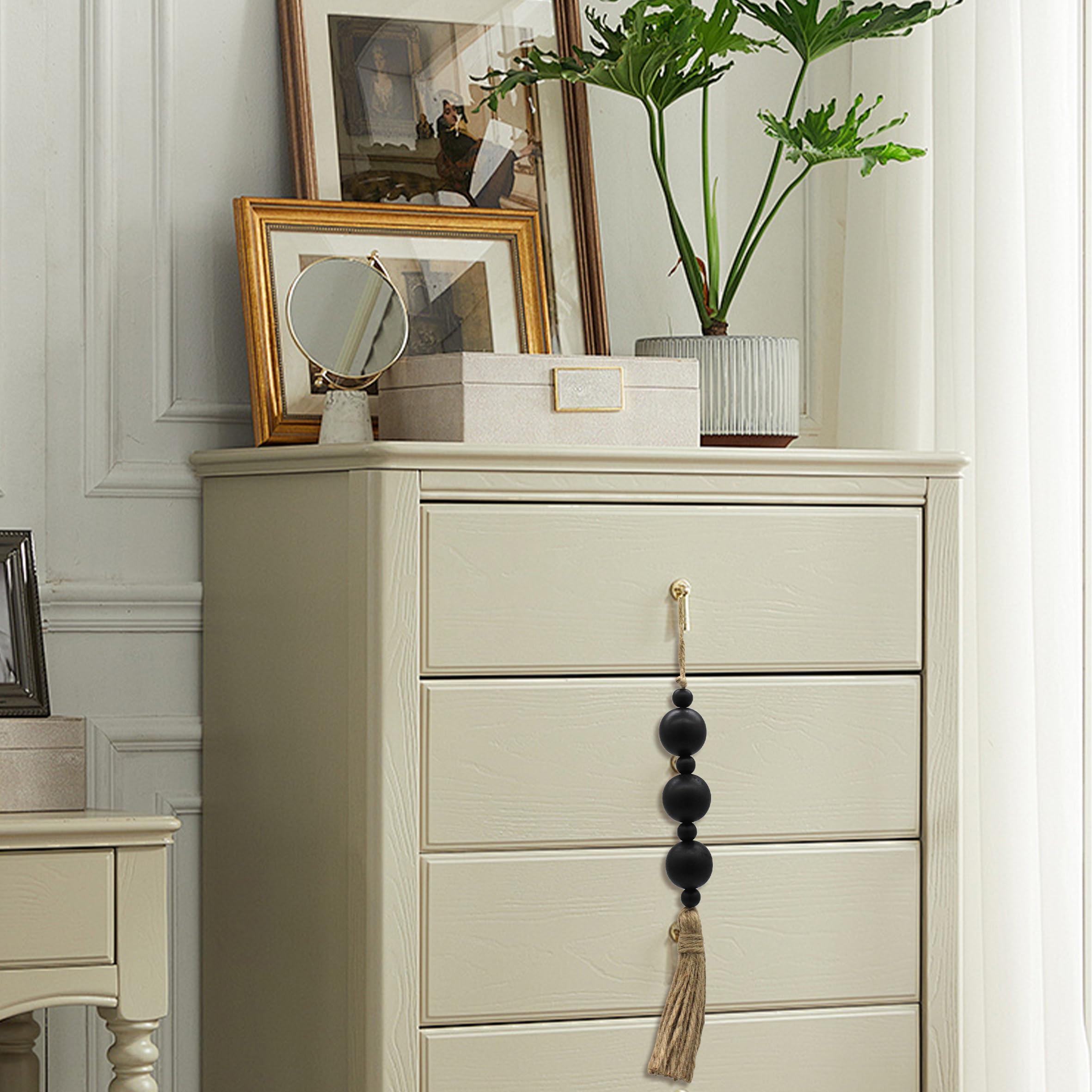 2PCS Farmhouse Decor Wooden Bead with Tassels Rustic Boho Minimalist Home Accent Country Decoration Beads for Door Knob Wall Hanging Living Room Decor, Black