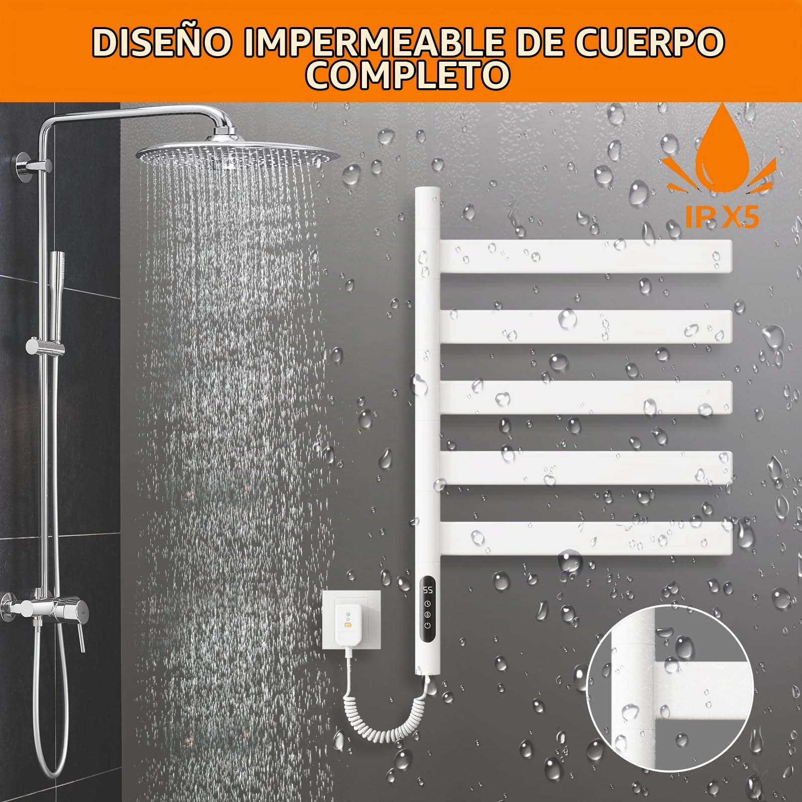 ZOYI Secador de toallas eléctrico para baño con rotación de 180°, calentador de toallas eléctrico, radiador eléctrico para baño, toallero eléctrico, 220V (Blanco, 5 polos)