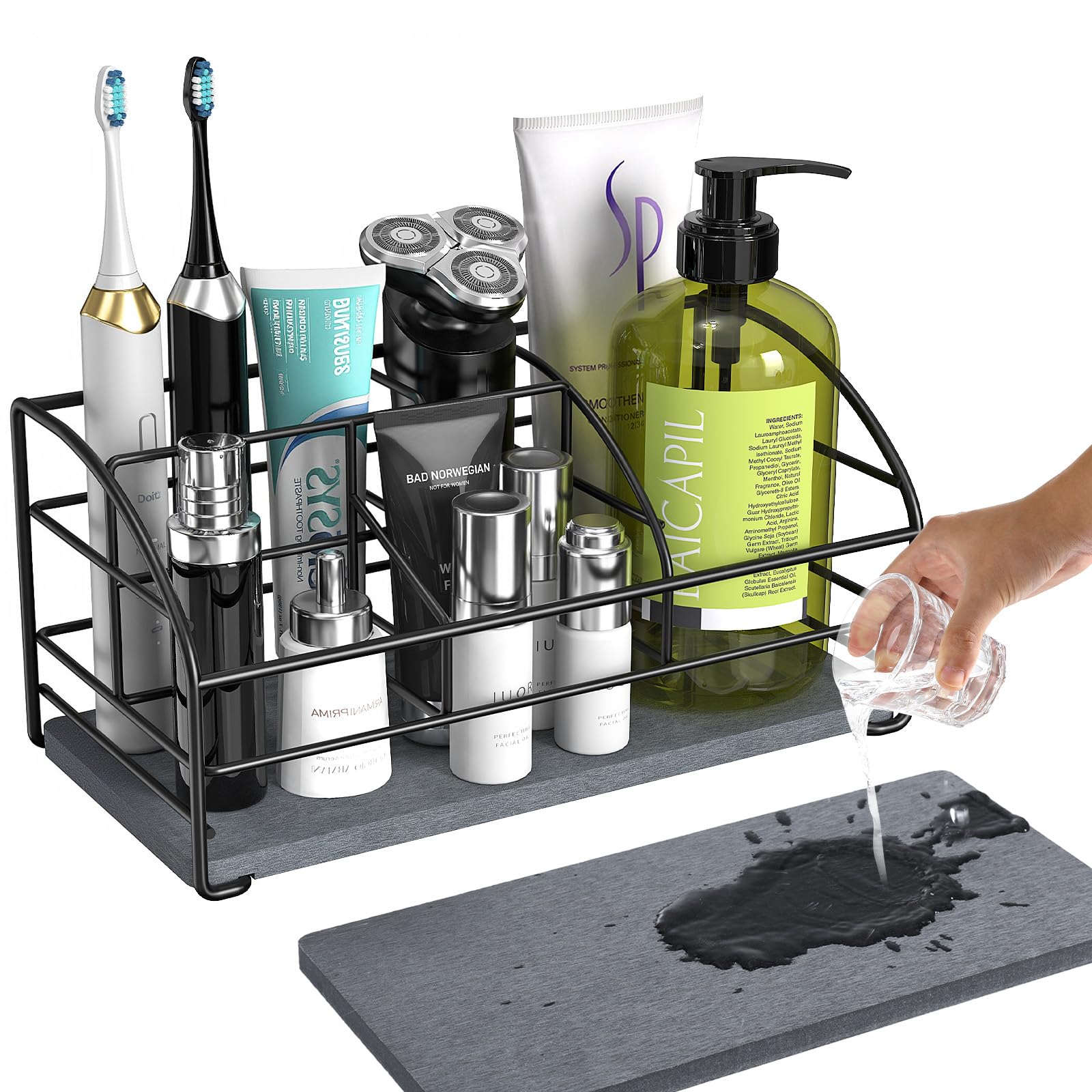 Luxspire Toothbrush Holders, 5 Slots Bathroom Counter Organizer with Diatomaceous Earth Tray, Stainless Steel Toothbrush Holder for Bathroom Kitchen Dressers Accessories, Black