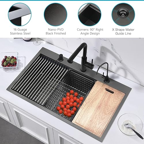 Miniatura 4 de ZDHHT - Fregadero de cocina con estación de trabajo de 33 pulgadas, color negro, calibre 16, montaje superior, 33 x 22 x 10 pulgadas de profundidad,