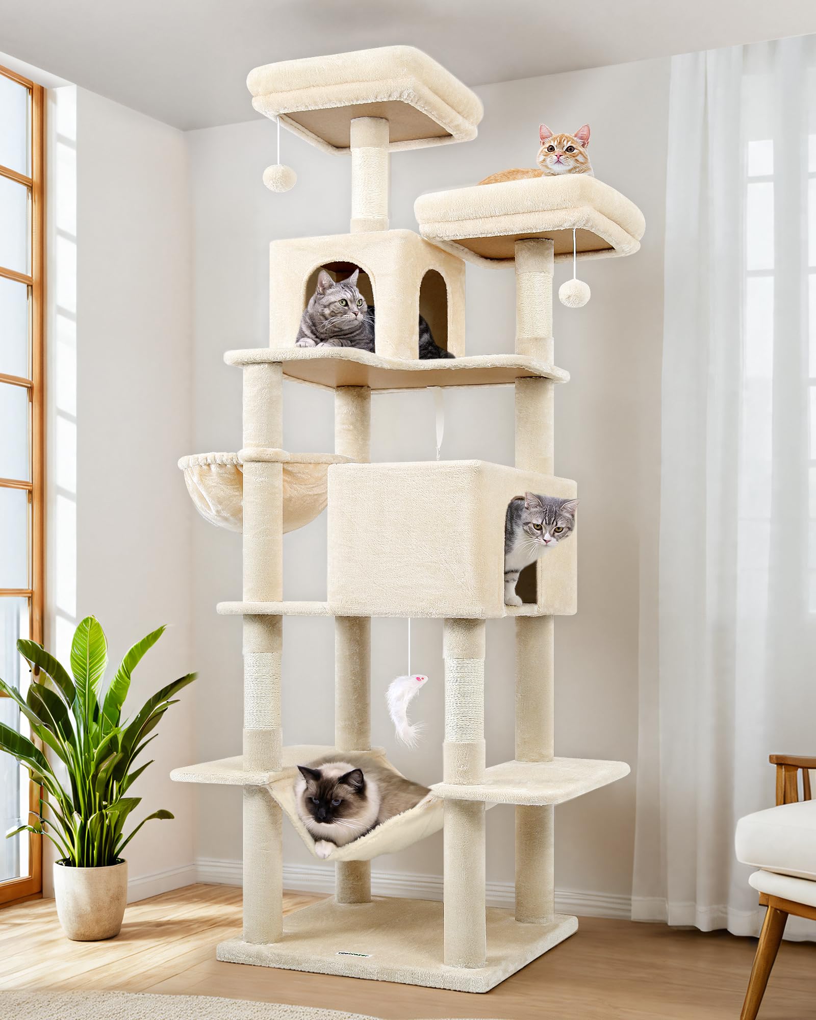 Globlazer Árbol Rascador Beige para Gatos XXL 195 cm Alto con 2 Nidos, 2 Acolchada Percha, Grande Hamaca 50 * 33CM, Cesta, Estable Rascador para Gatos Adultos Descansar Jugar Interior (F76, Beige)