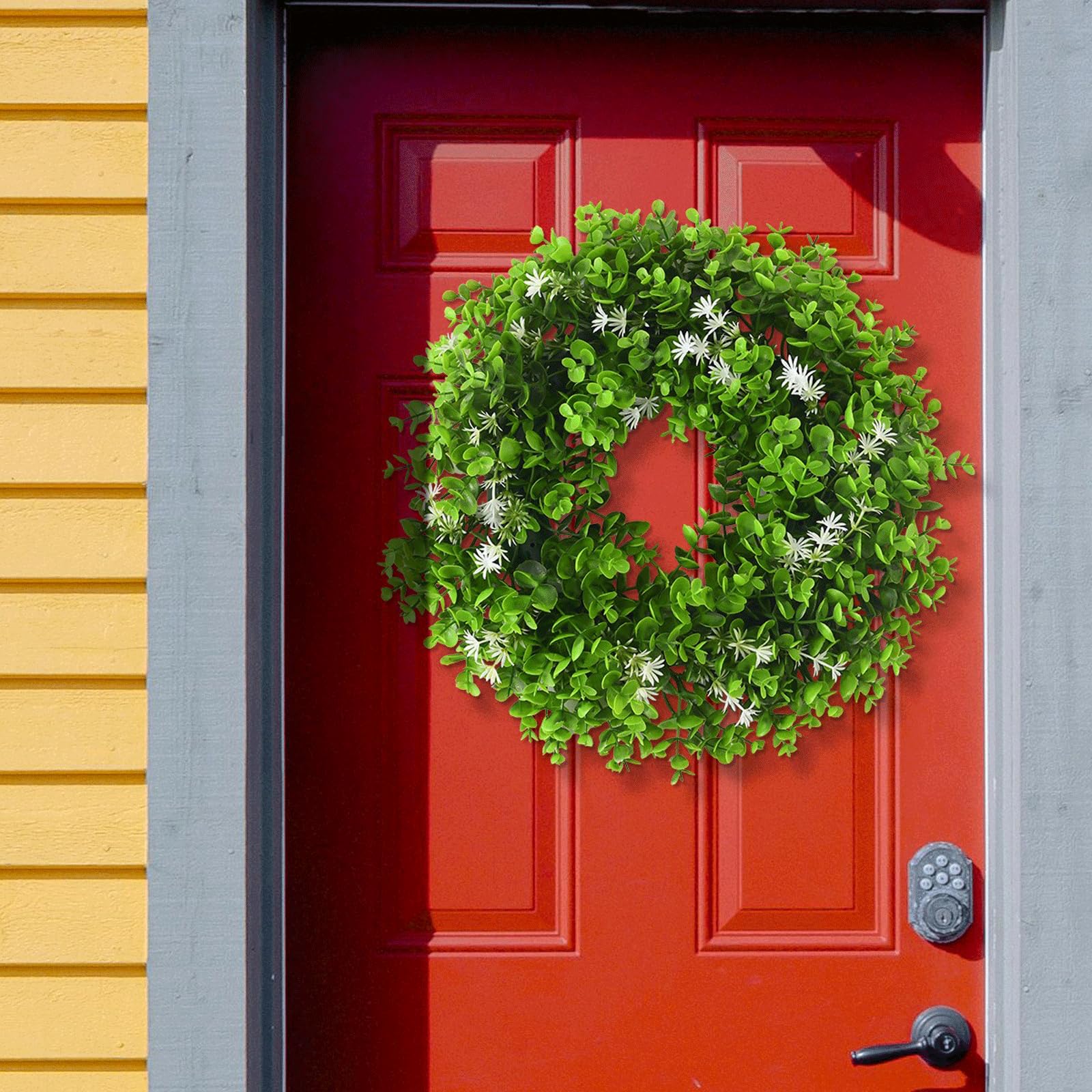 Ghirlanda di eucalipto artificiale per porta d'ingresso, ghirlanda di eucalipto fresca e festosa per porta d'ingresso, decorazione primaverile ed estiva per porta d'ingresso