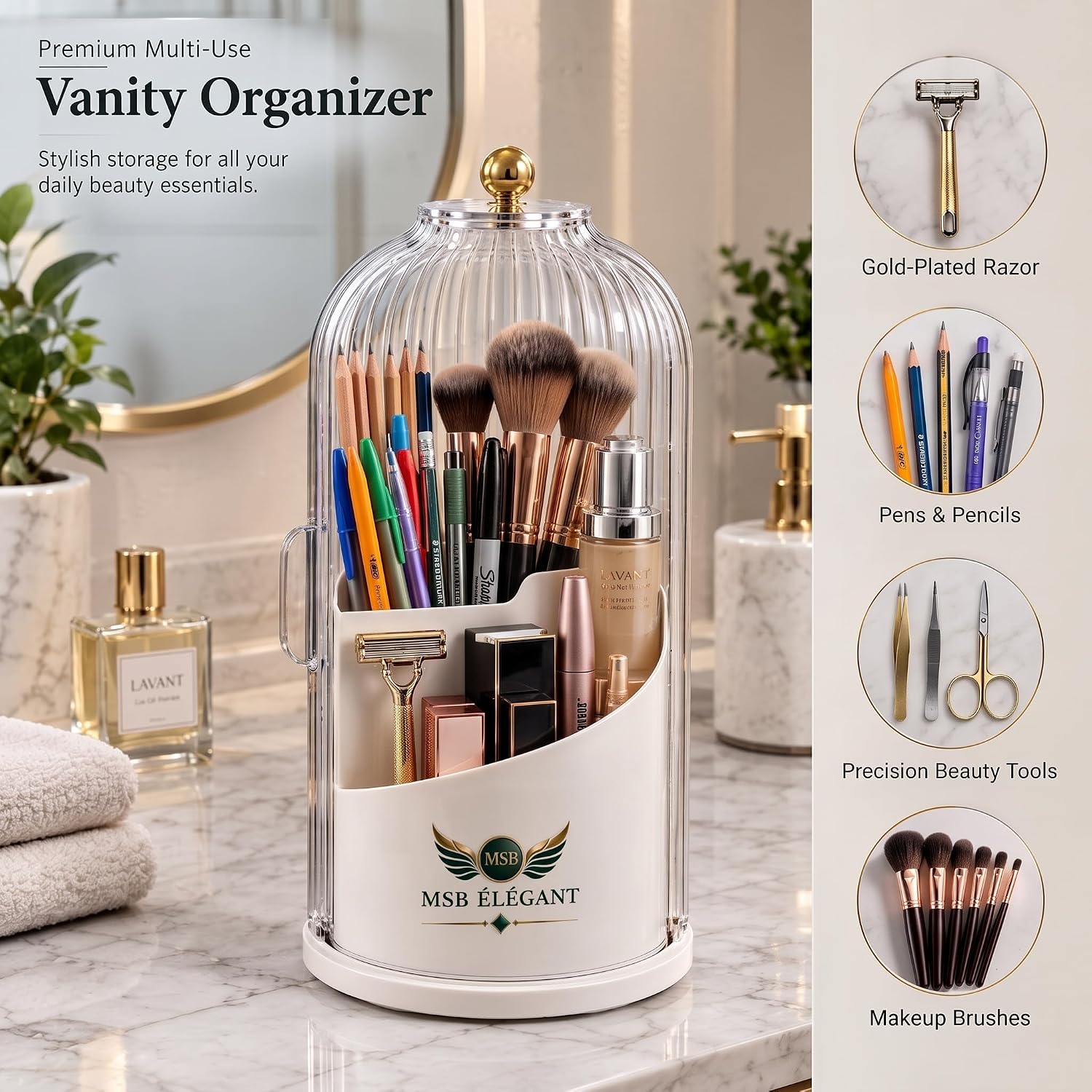Toothbrush Holder with Sliding Lid – 360° Rotating Countertop Bathroom Organizer, Dustproof Makeup Brush Caddy for Vanity Storage – MSB ÉLÉGANT