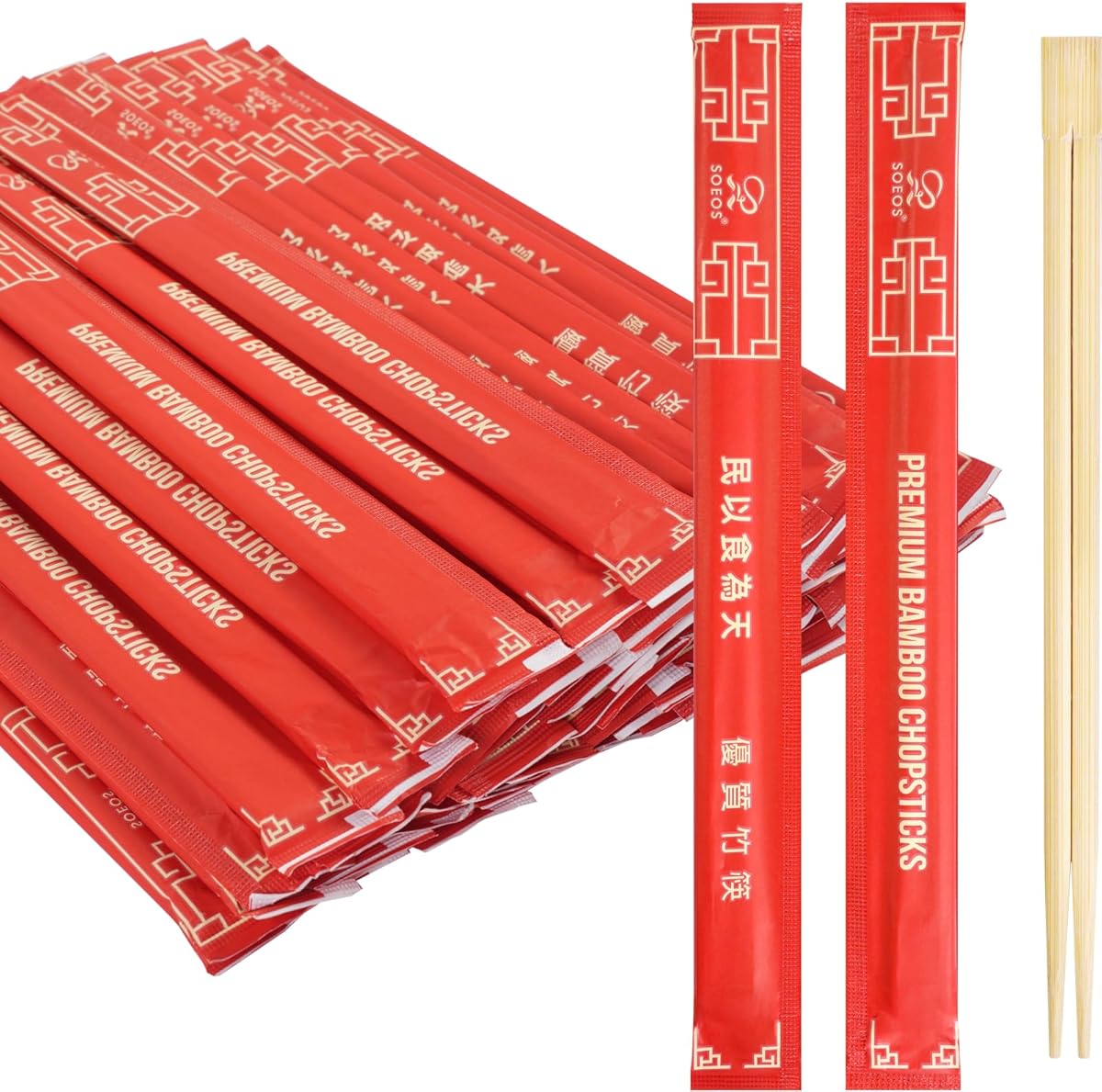 Soeos Chopsticks Disposable, Approx. 100 Sets, UV Treated Premium Disposable Chopsticks Individually Wrapped, Wooden Chopsticks Best for Japanese Sushi & Asian Dishes