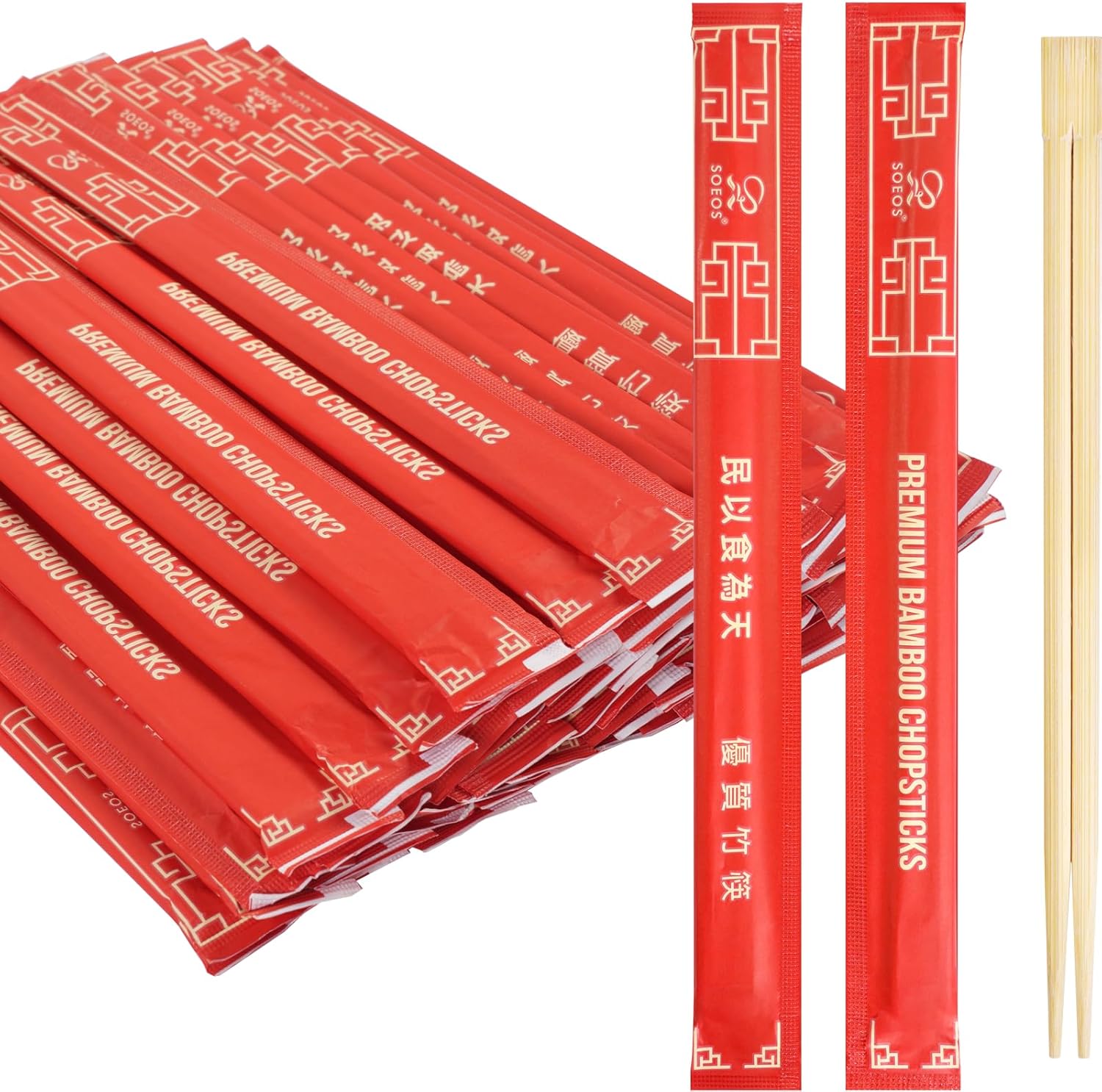 SOEOS Premium Disposable Bamboo Chopsticks, 100 Sets UV Treated Individually Wrapped, Splinter-Free for Sushi Asian Cuisine Parties Picnics