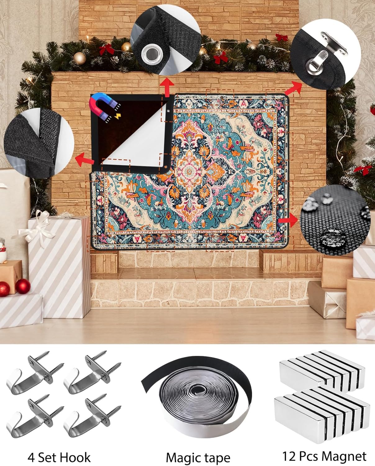 Bohemia Flower Magnetic Fireplace Cover 36"x27",Decorative Fireplace Blanket Insulation Cover for Heat Loss,Indoor Outdoor Fireplace Draft Stopper Covers Protectors,Colorful Vintage Abstract Geometric