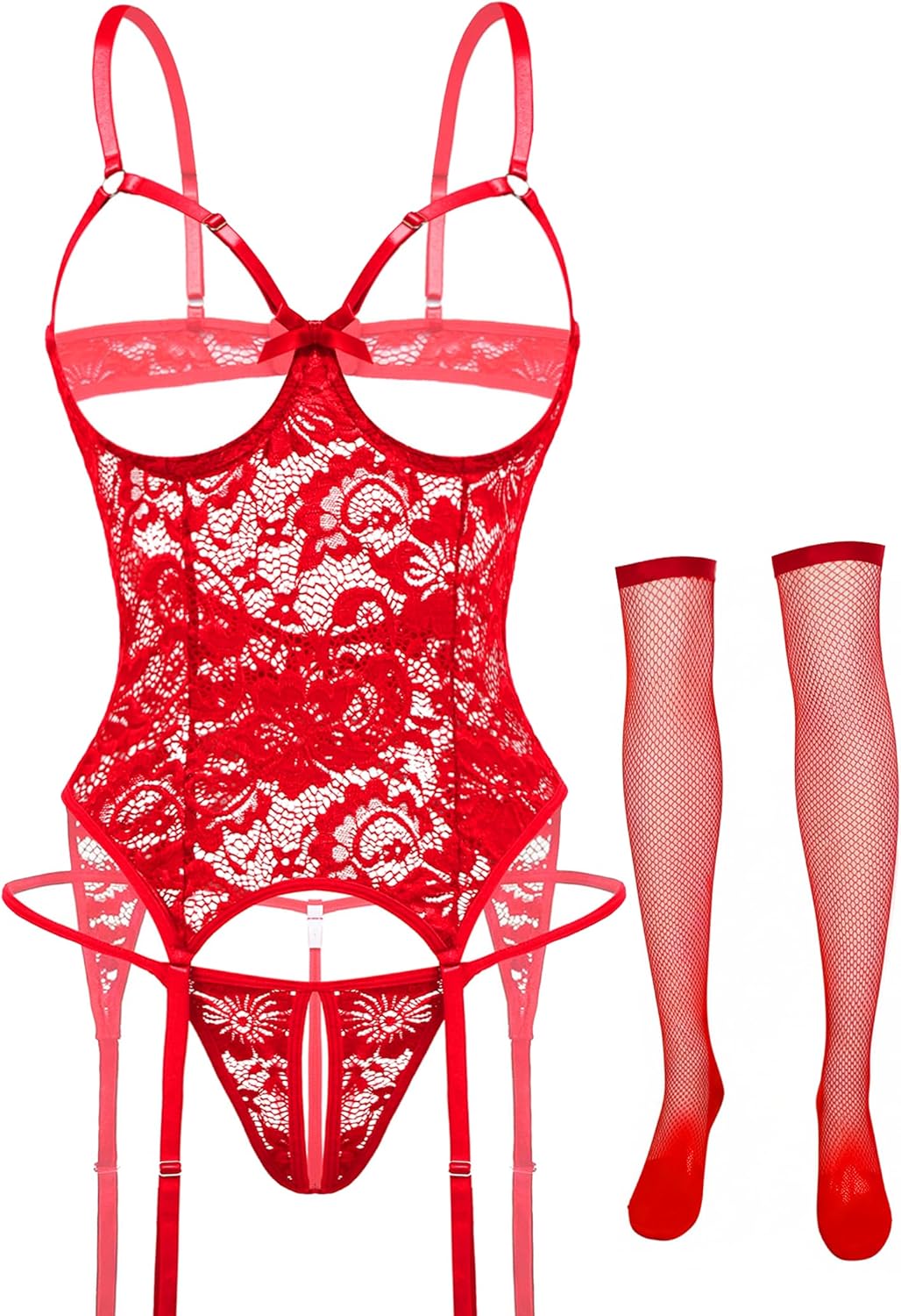 Avidlove Lingerie Sets for Women Underwire Lingerie Sexy Lace Cutout Bodysuit Garter Teddy with Fishnet Stockings - Image 2