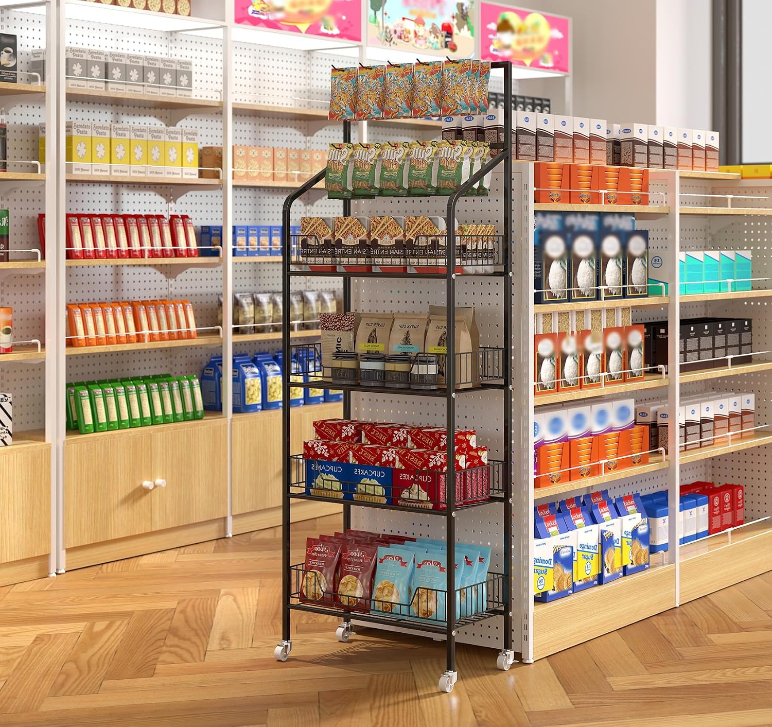 tonchean 4 Tier Retail Snack Rack Display Stand, Retail Candy Chip Vendor Display Shelves, Black Metal Snack Display Rack Shelf with Wheels, Candy Snack Organizer Cart Concession Stand Display