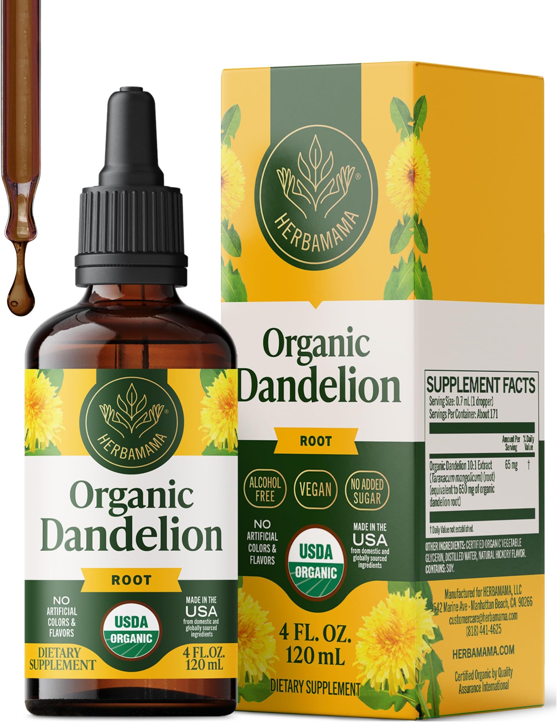 HERBAMAMA USDA Organic Dandelion Root Extract - Liver Support - 4 oz