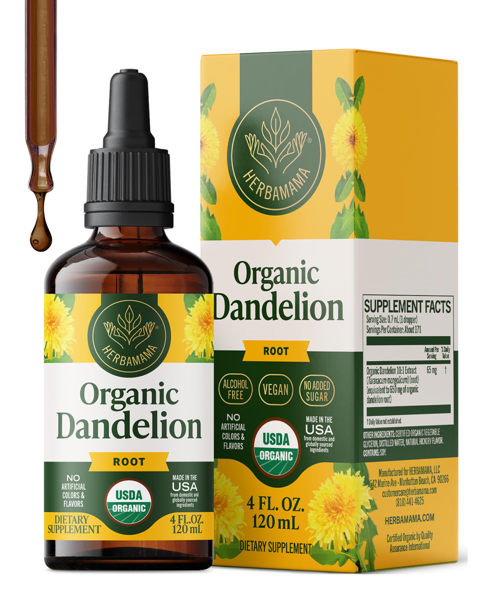 HERBAMAMA USDA Organic Dandelion Root Extract - Liver Support - 4 oz