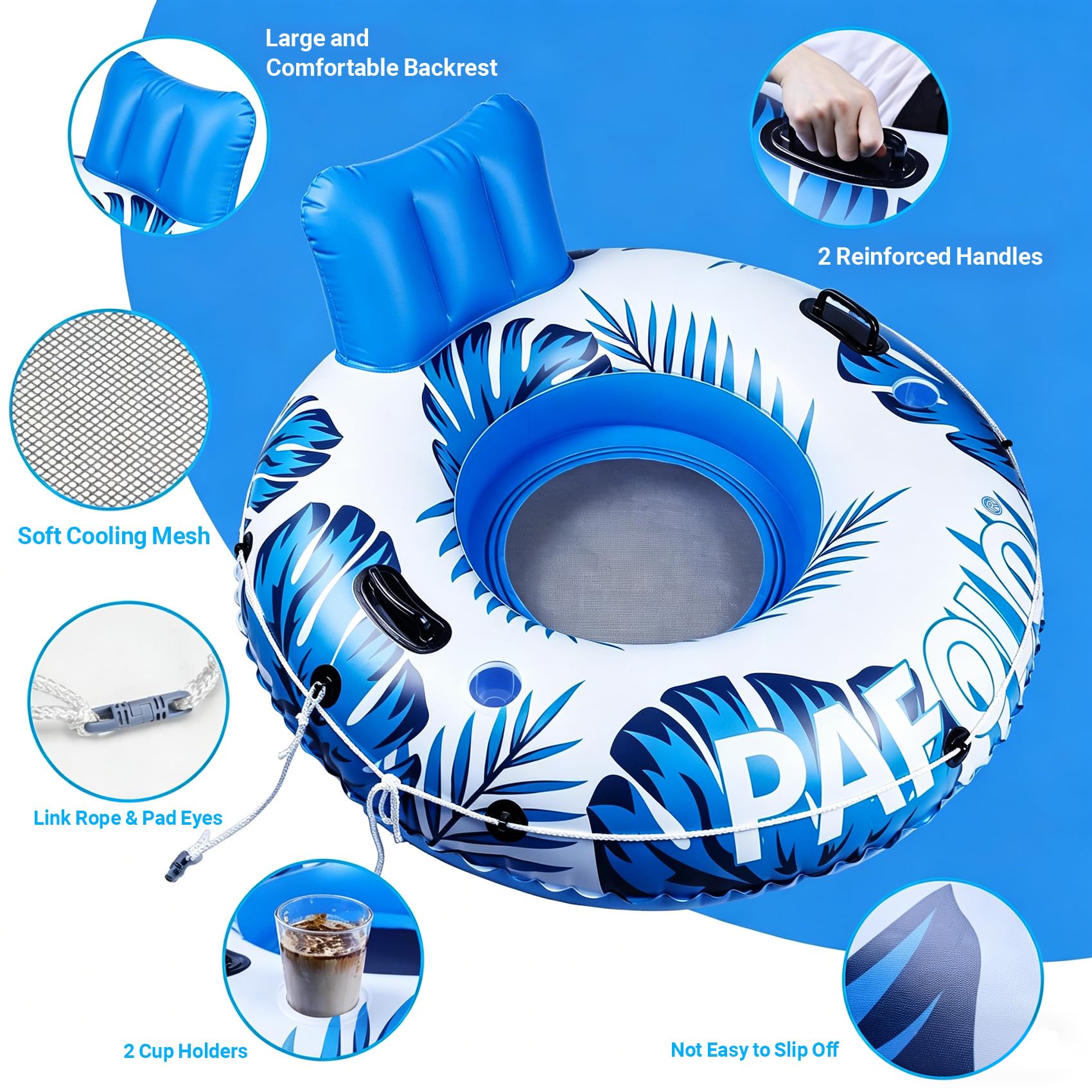 Flotadores de piscina para adultos, 53 pulgadas, 450 libras, tubos de río resistentes para flotar, resistentes con cuerda de agarre para reposacabezas, 2 portavasos y asiento de malla doble sellado