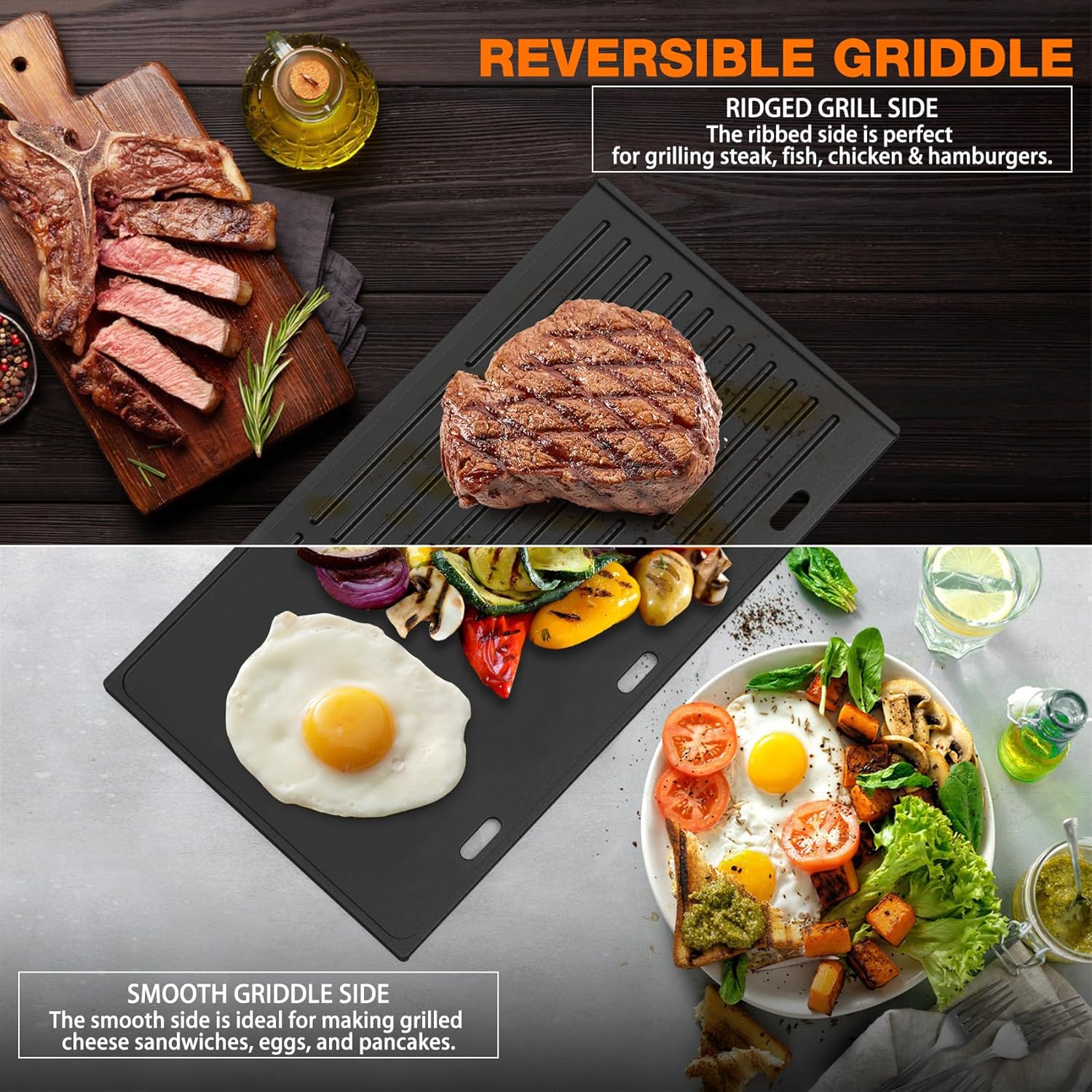 Onlyfire Universal Cast Iron Griddle, Reversible Cooking Griddle for Gas/Charcoal Grills, 17.3" x 9.6"