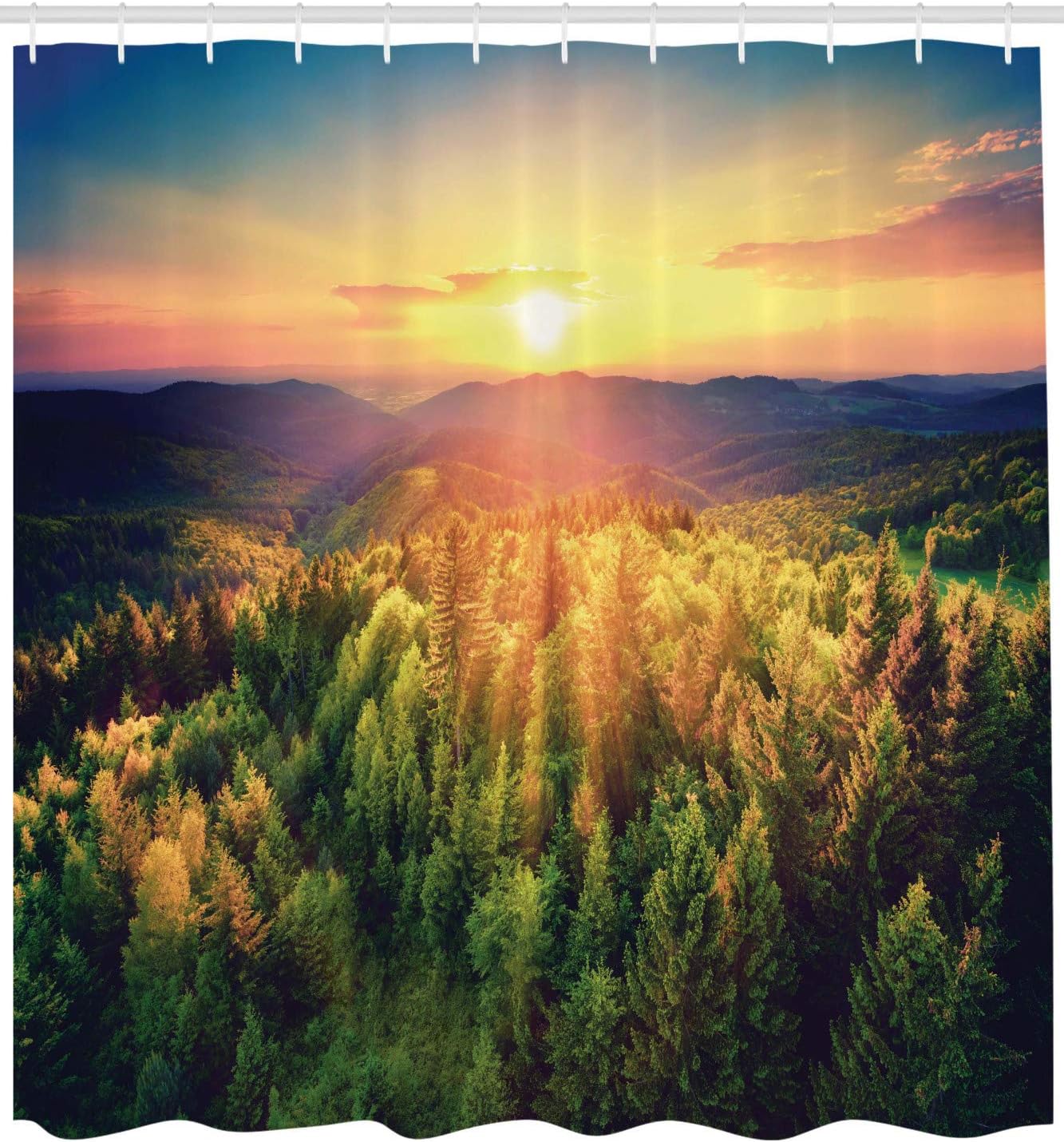 Ambesonne Landscape Shower Curtain, Aerial of Scenic Sunset Over Forest Hills with Dramatic Colors in Horizon Print, Cloth Fabric Bathroom Decor Set with Hooks, 69" W x 70" L, Multicolor