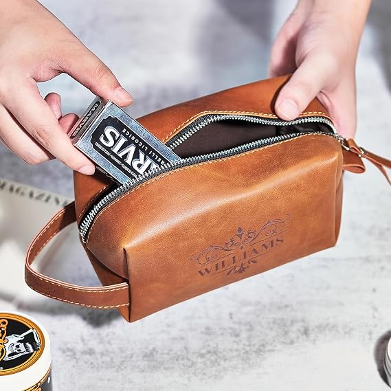 Personalized Men's Leather Toiletry Bag, Customized Name Portable Kit, Unique Custom PU Leather Storage Bag, Personalized Gifts for Fathers Day Wedding Gift for Groomsmen Dad Best Man Husband