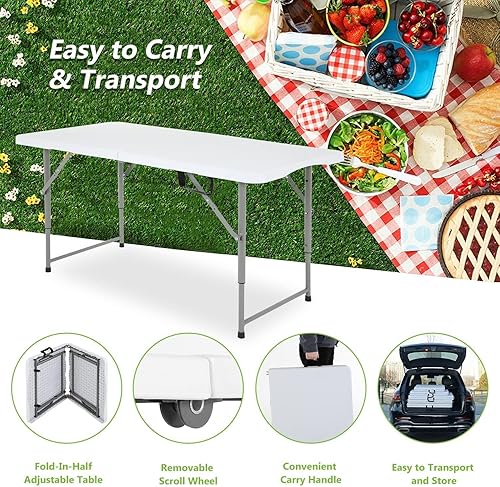 Miniatura 8 de Mesa plegable, mesa de picnic portátil de 4 pies, mesa plegable de plástico con asa, mesa de comedor para interiores y exteriores para fiestas,