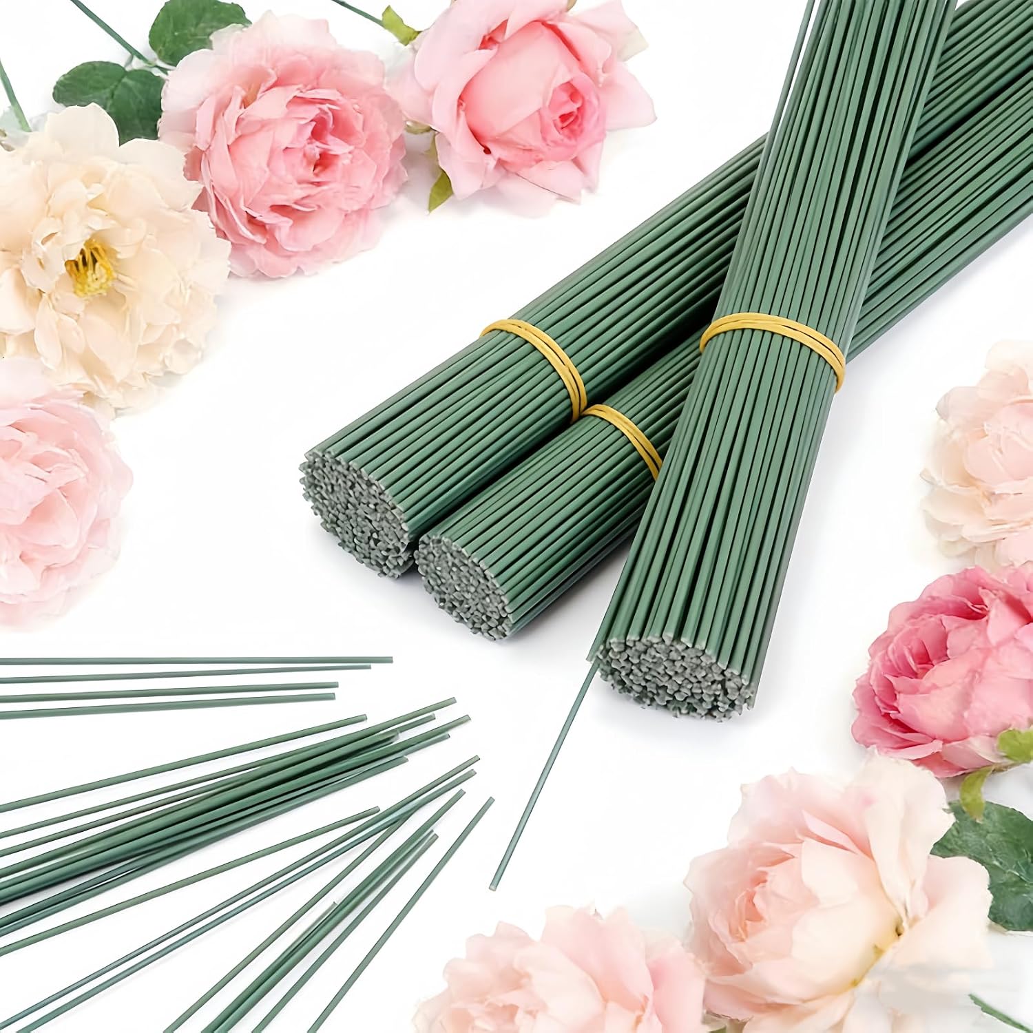 Floral Stems 100Pcs 2.0mm/14Gauge Green Iron Wire for Artificial Flower DIY Bouquet Wrapping and Crafts Sturdy Peduncle Flower Stalk Wreath Making Supplies (16 Inch/40cm)