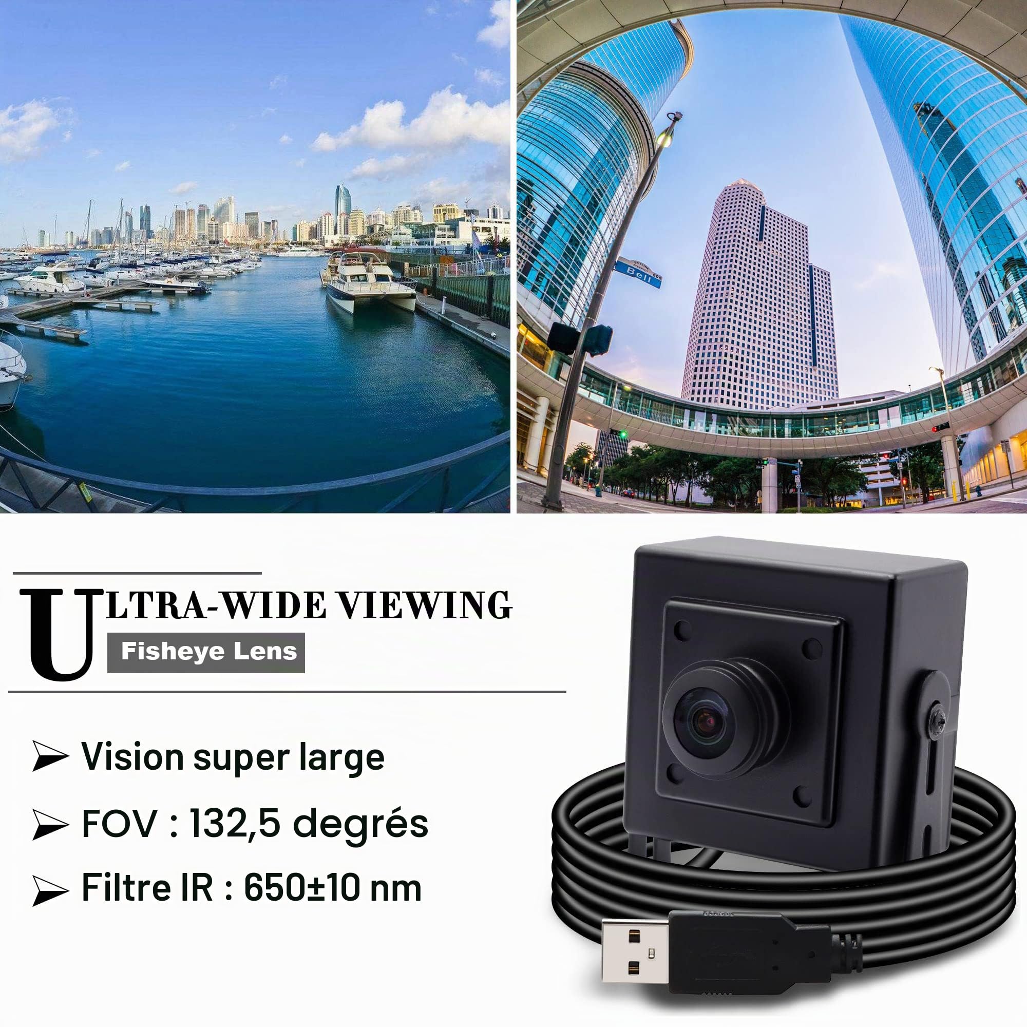 Svpro Caméra USB Fisheye 8 MP 180 degrés ultra grand angle Webcam haute résolution 3264 x 2448 USB avec boîtier en aluminium pour l'industrie et les ordinateurs PC
