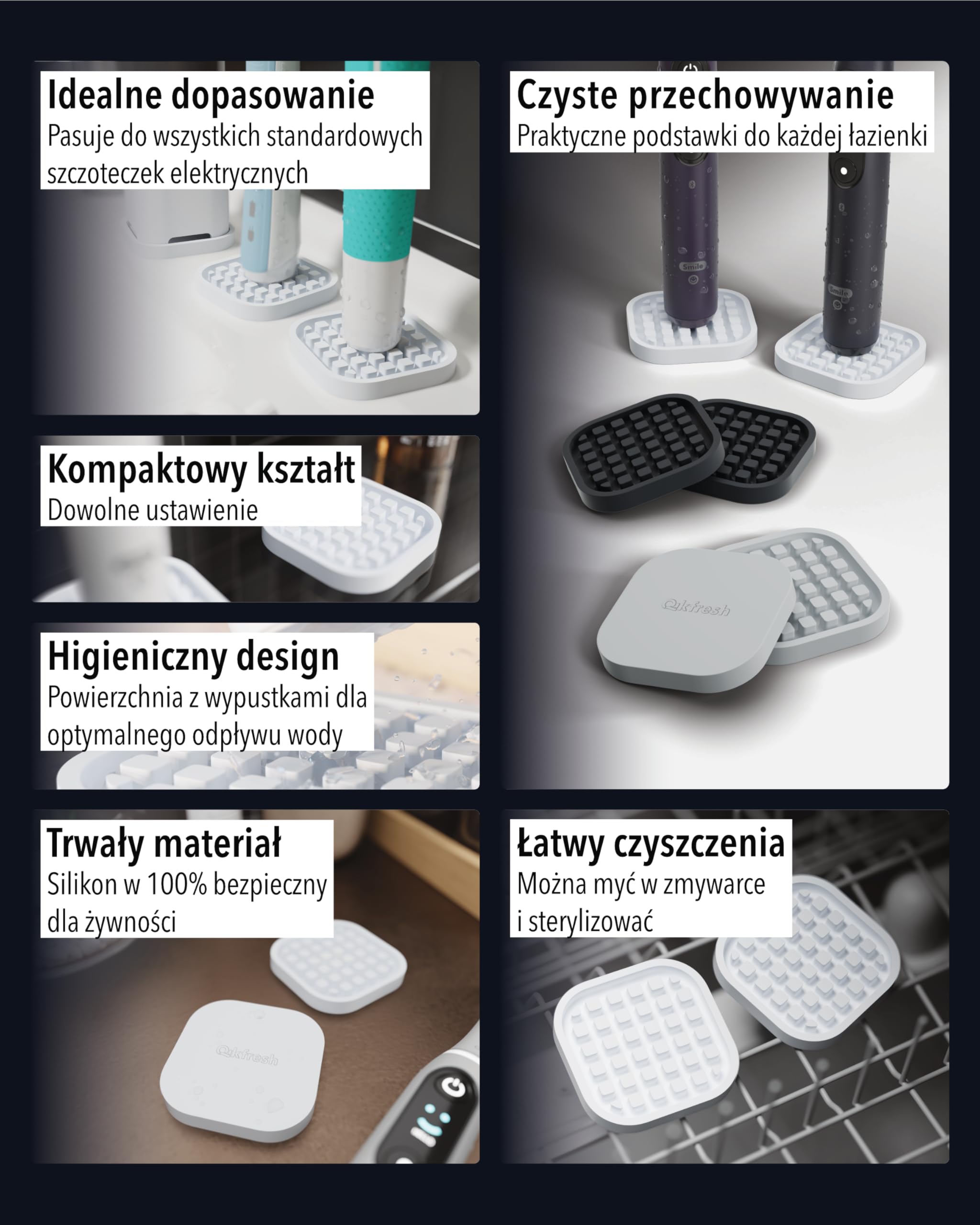 Qikfresh - Zestaw 2 kompaktowych podstawek na szczoteczki elektryczne - Pasuje do wszystkich modeli - Silikon spożywczy (Biały)