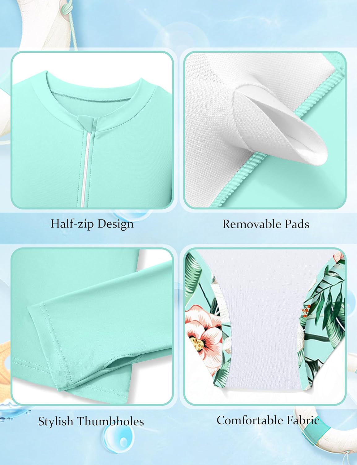 Girls Rash Guard Swimsuit Half-Zip Long Sleeve Modest Bathing Suit with Chest Padding 2Pcs Teen Girl Swimwear UPF 50+