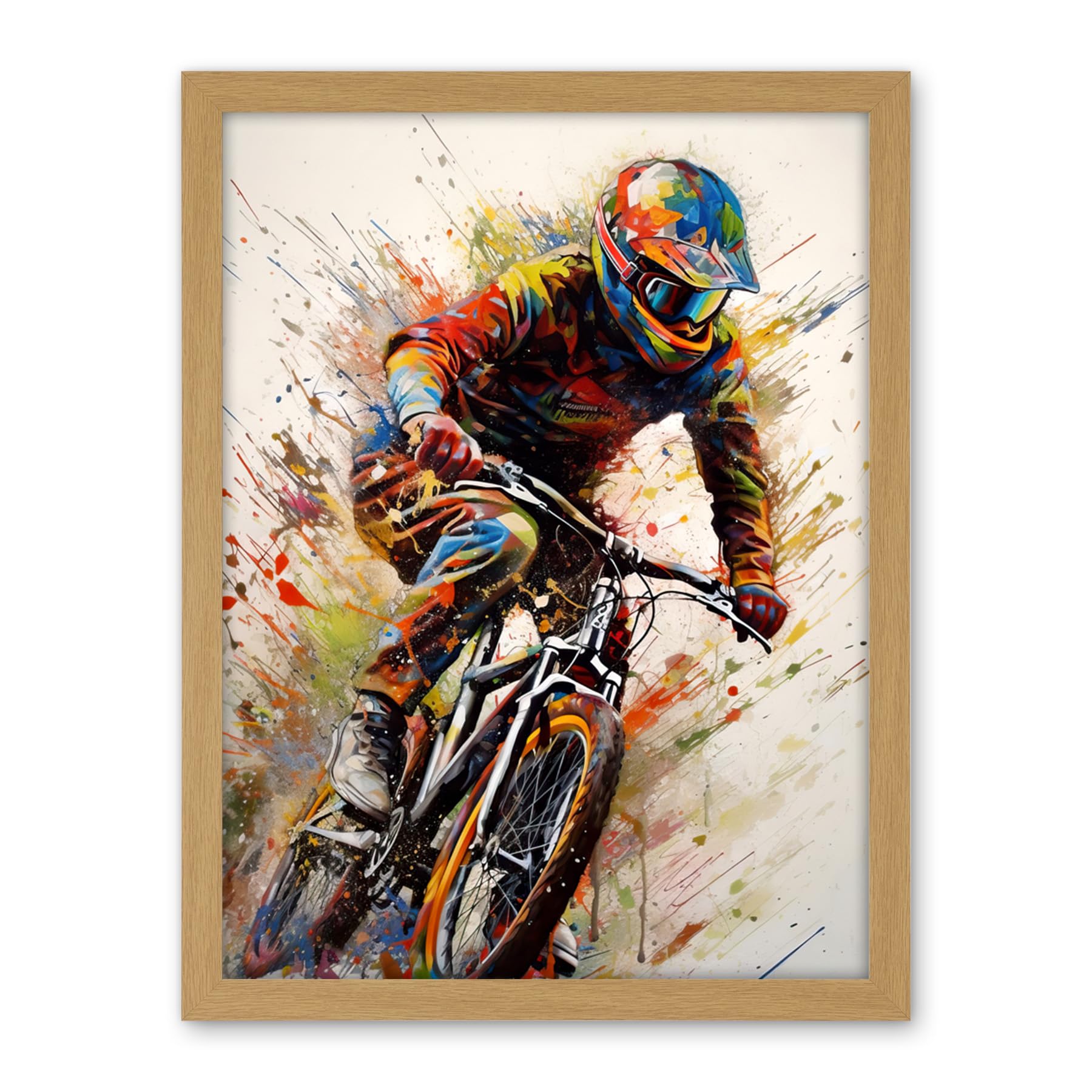 Artery8 Mountain Biker Portrait Splat Paint Action Shot Artwork Framed Wall Art Print 18X24 Inch